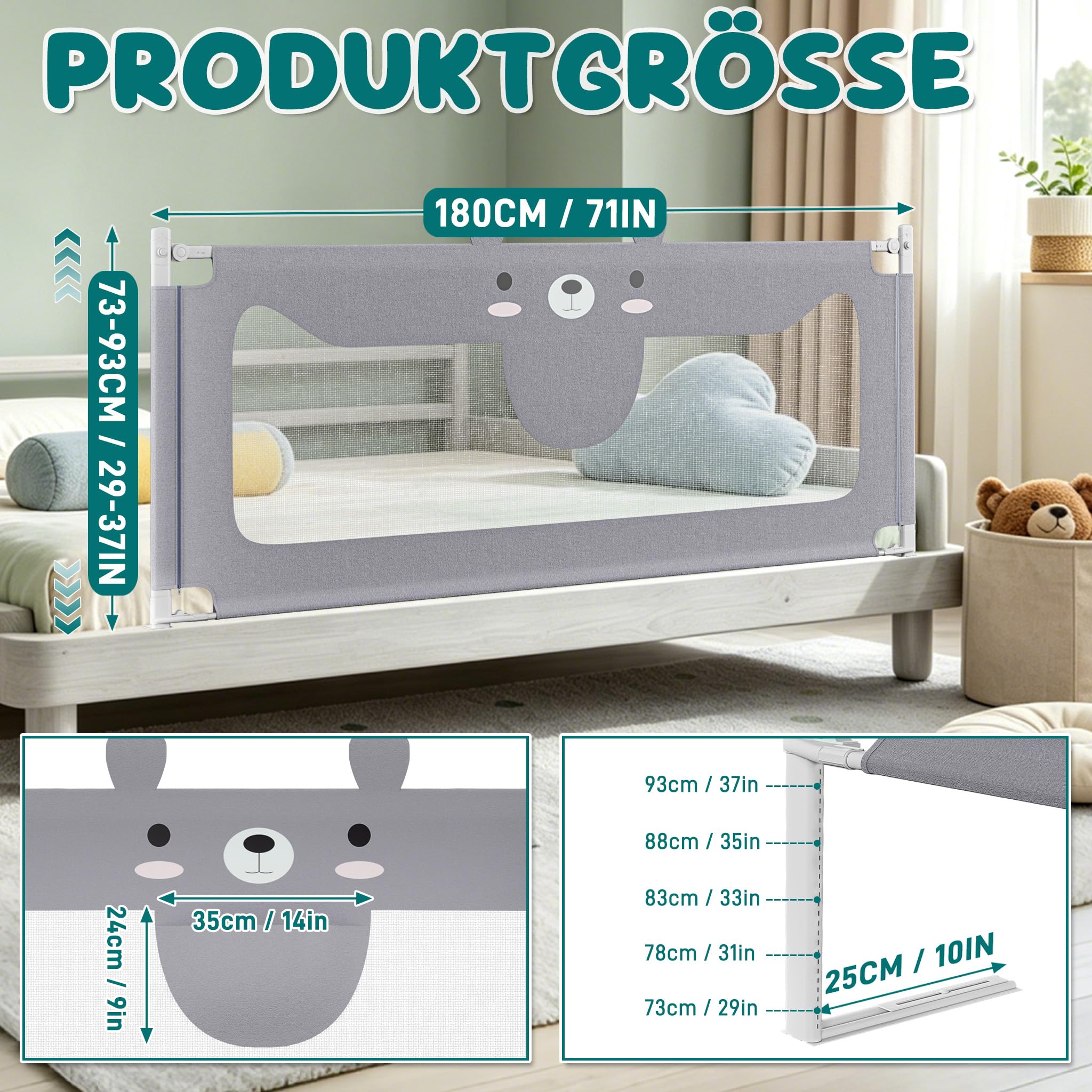 LARS360 Barrière de lit pour enfant - Réglable en hauteur - 180 cm