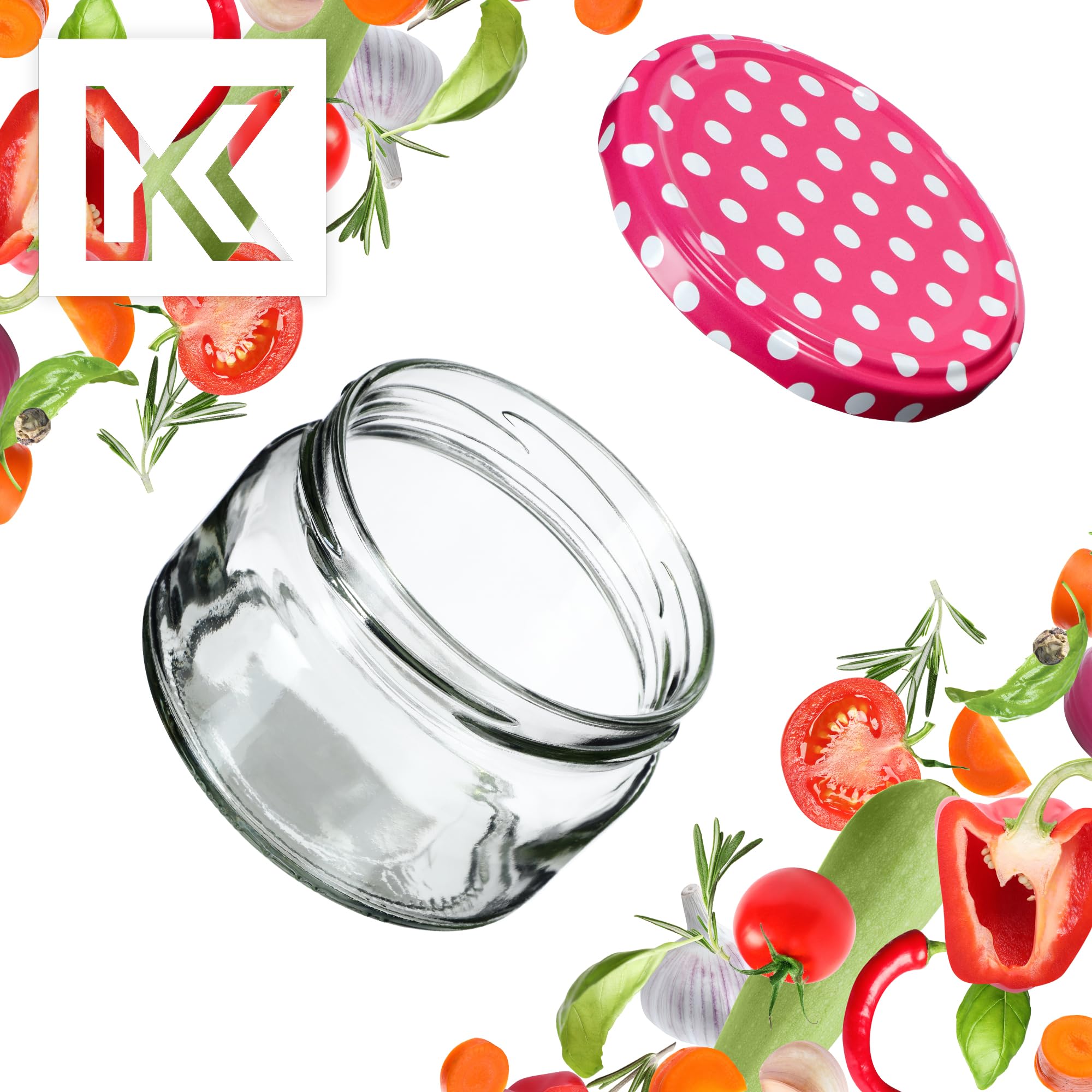 KADAX Małe słoiki na przetwory 250 ml, słoiki na dżem z pokrywką, hermetyczne słoiki na prezent, mini szklanki na miód i przyprawy (100 sztuk, różowe kropki)