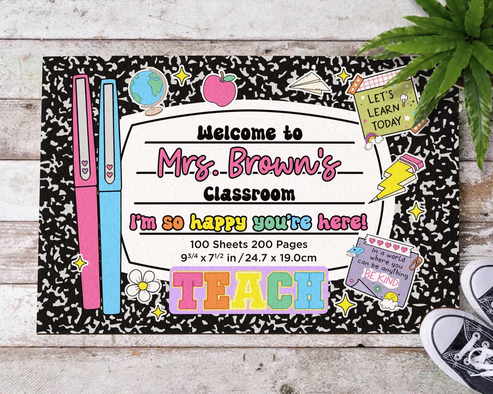 KrixiPom Personalized Classroom Welcome Doormat, Classroom Door Mat, Classroom Decor, Teacher Doormat, Composition Notebook Rug Doormat, Classroom