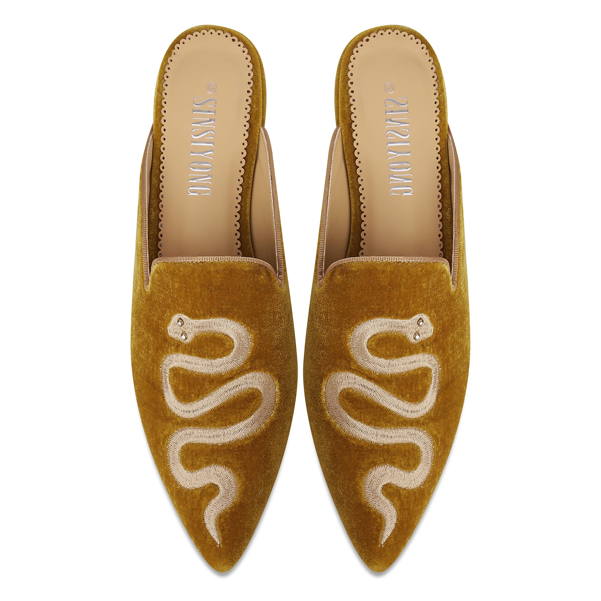 SINSIYONG Embroidered Mules for Women Pointed Toe Backless Velvet Flats with Snake Pattern Wide Width Dress Casual Shoes