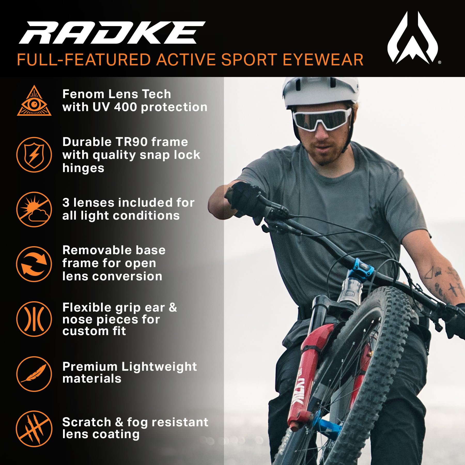Wildhorn Radke okulary rowerowe MTB, UV400, sportowe okulary do biegania na nartach, dla kobiet i mężczyzn, okulary baseballowe z 3 wymiennymi soczewkami