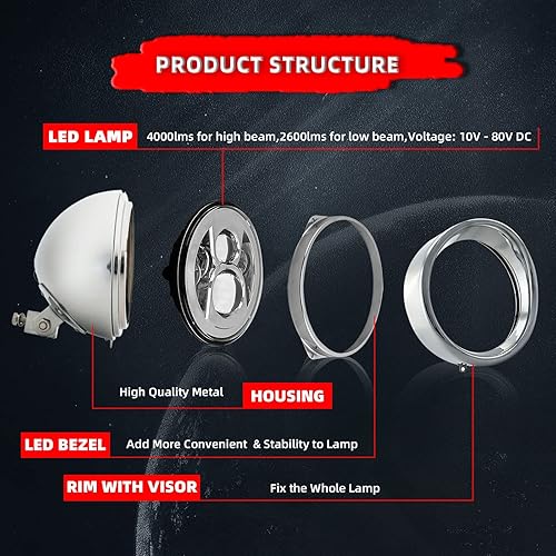 Miniatura 3 de FATECIM Faro delantero LED redondo de 7 pulgadas para motocicleta con visera de 7 pulgadas, luz alta y baja, montaje inferior universal para Harley