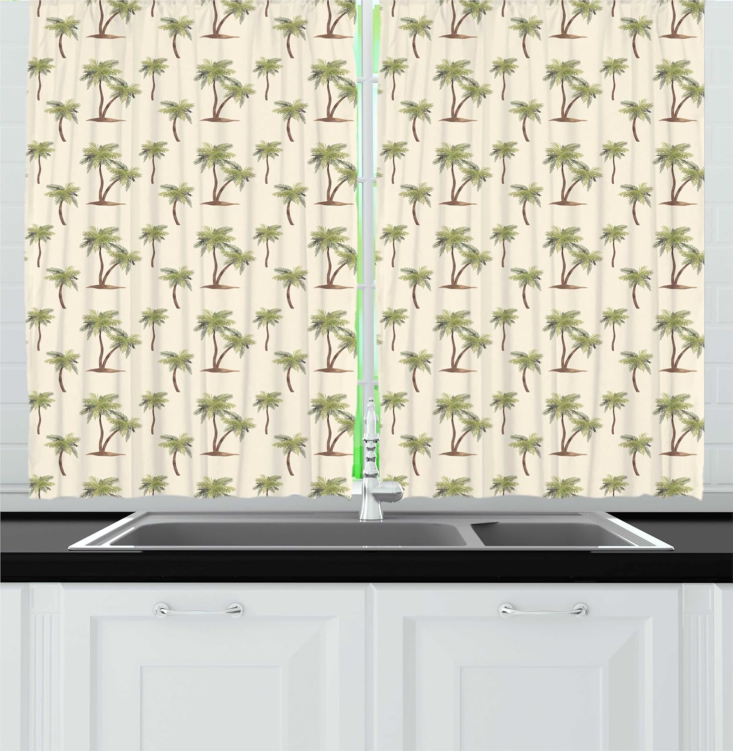 Ambesonne Hawaii Kitchen Curtains, Repetitive Jungle Trees Pattern with Hand Drawn Pastel Tropical Palms, Window Drapes 2 Panel Set for Kitchen Cafe Decor, 55" x 36", Cream Cocoa and Khaki