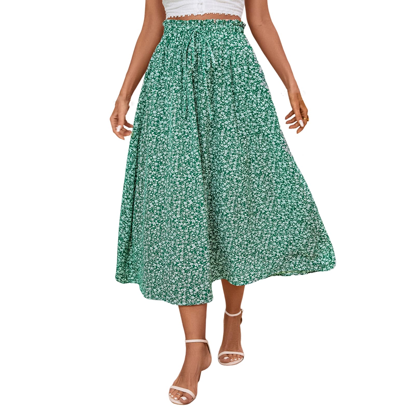 Womens High Elastic Waist Midi Skirt Casual Summer Trendy Tie Front Flowy Ruffle Floral Print A line Skirts