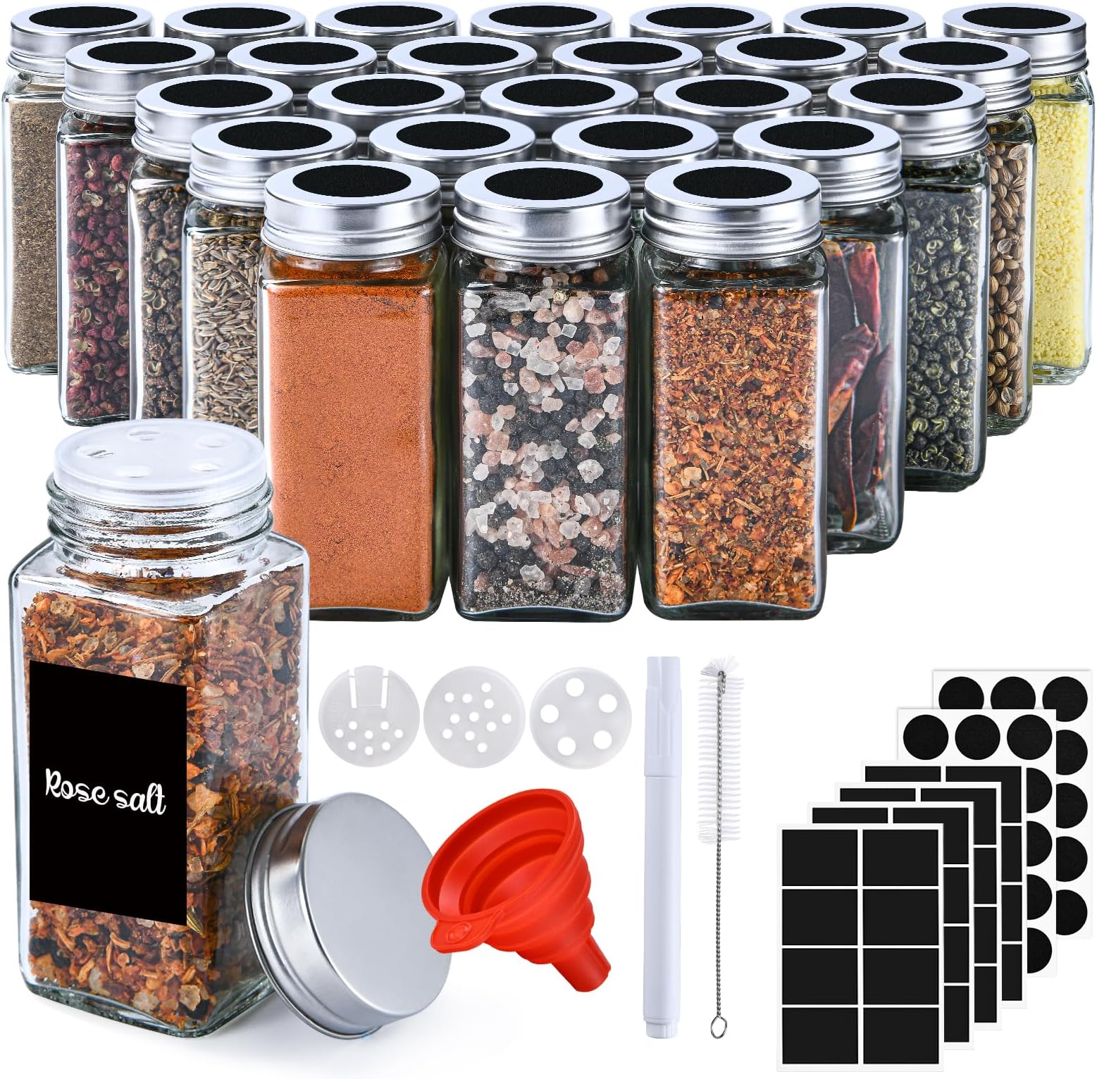 28 Pots à épices Avec étiquettes - Couvercle Double Ouverture - 130 Ml Transparents - Set Organisation Cuisine