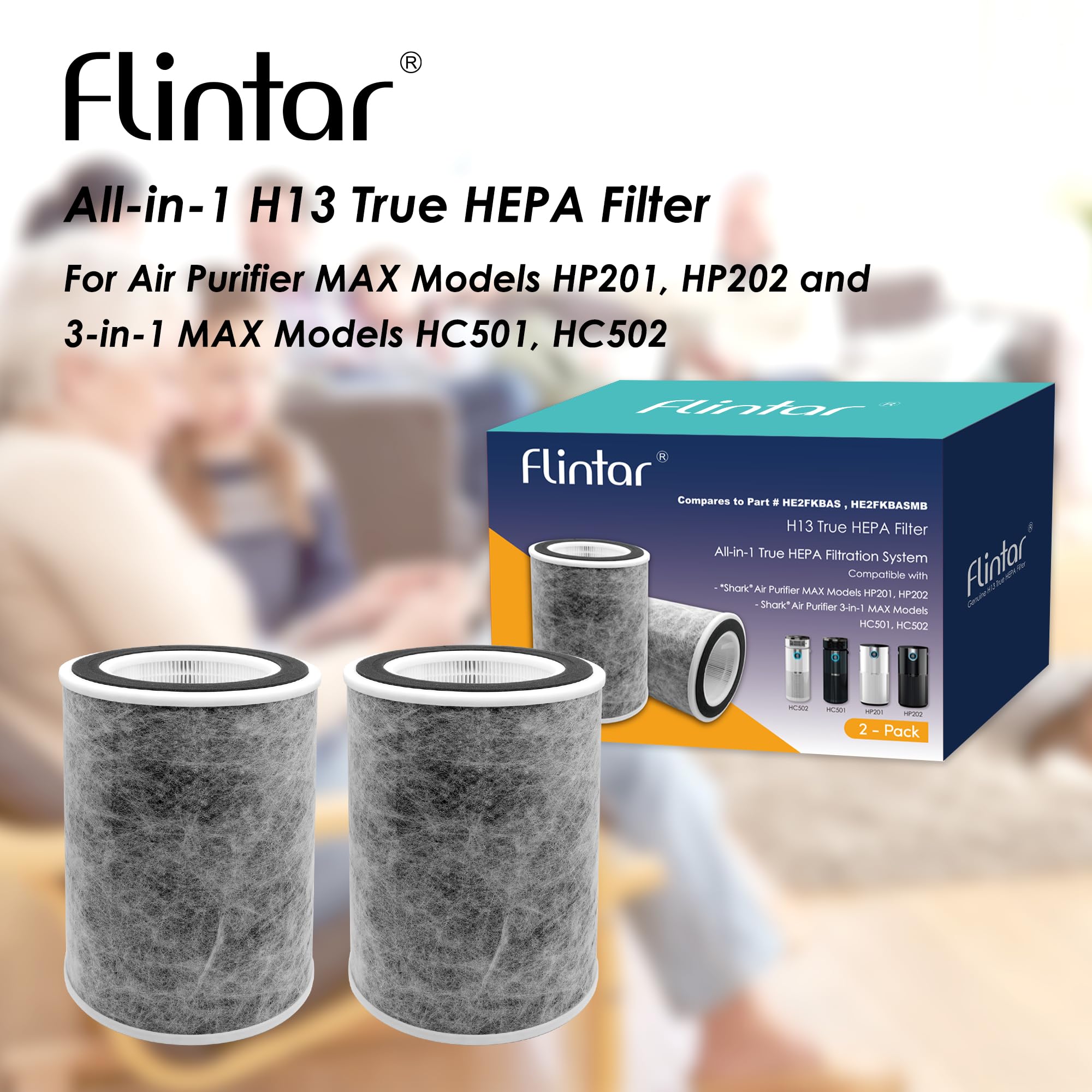 True HEPA Ersatzfilter, kompatibel mit Shark Luftreiniger Max Modellen HP201, HP202 und 3-in-1 Max Modellen HC501, HC502, vergleichbar mit Teilenummern HE2FKBAS und HE2FKBASMB, 2er-Pack