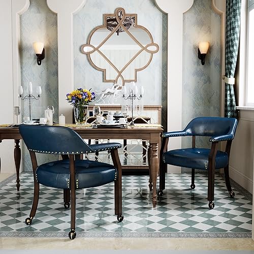 Miniatura 56 de Juego de 4 sillas de cuero de comedor con ruedas y brazos, silla de capitán Accent con ruedas, sillas de madera con ruedas enrollables para cocina y