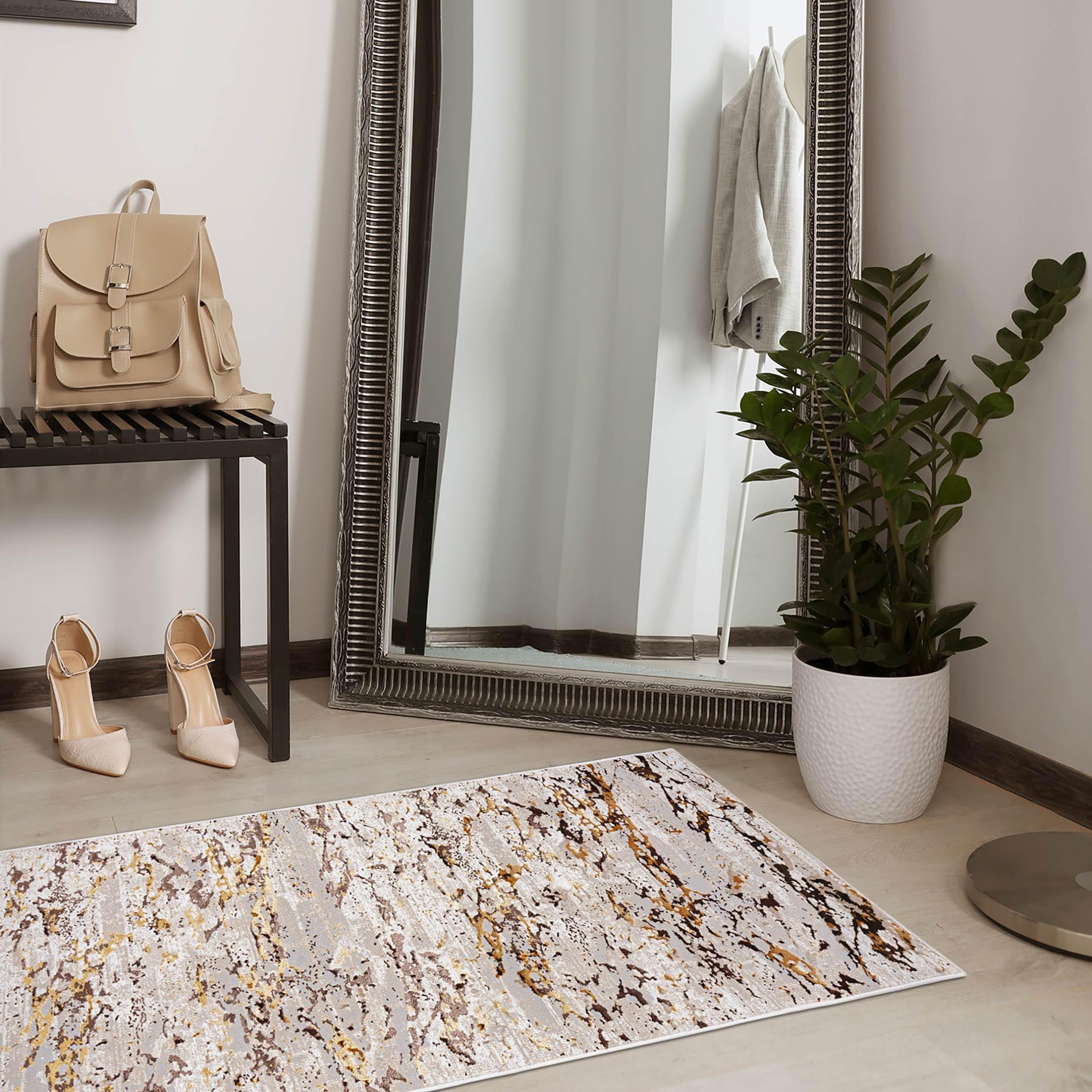 Mazovia Tapis de Couloir Couloir 70x300cm Crème Abstrait Glamour Élégant | Tapis de Couloir pour Cuisine Buanderie Chambre Entrée Beige Chauffage au Sol Facile D'entretien Poils Courts Vendu au Mètre