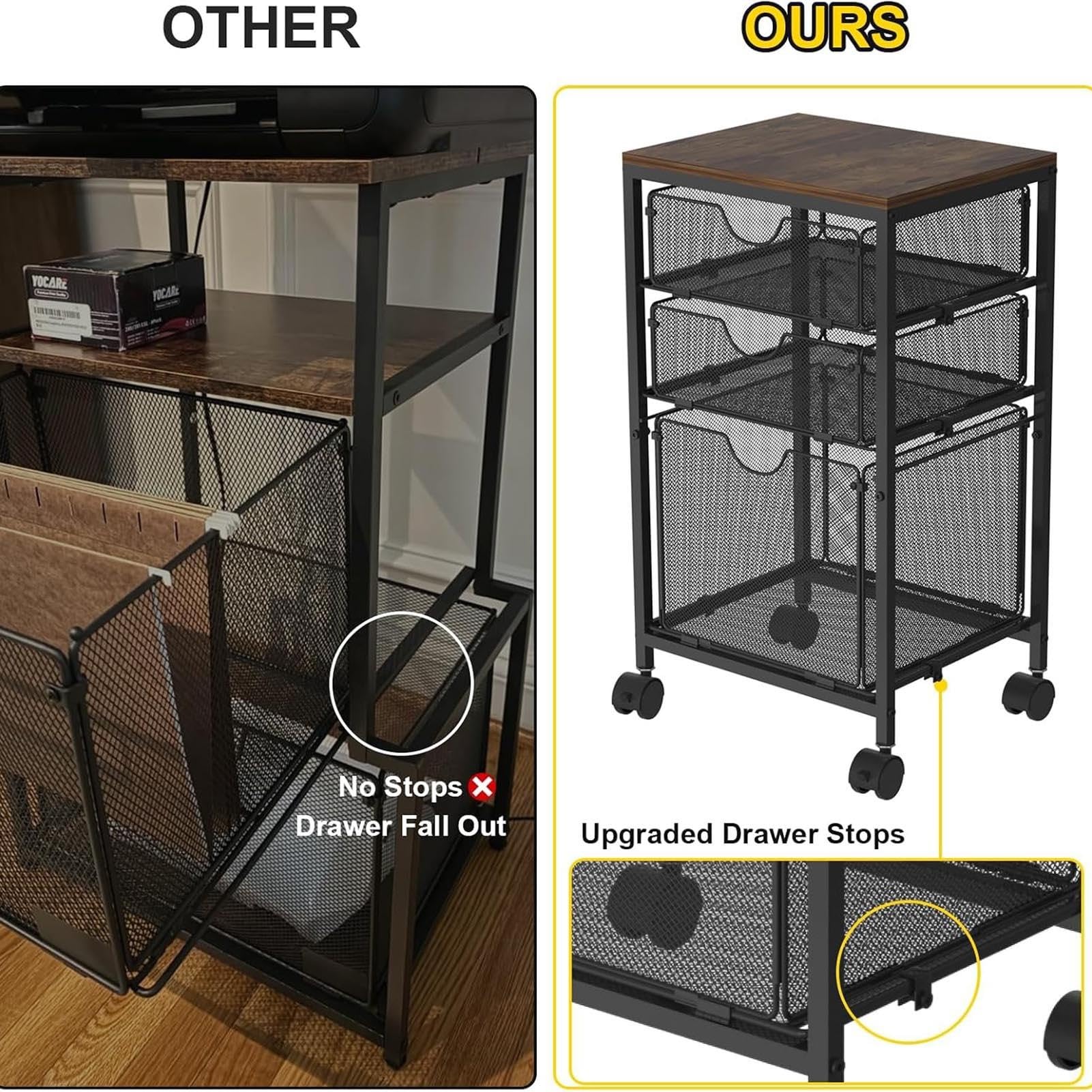 Rangement Bureau Caisson Mobile Pour Dossiers Avec 3 Tiroirs De Rangement, Meuble De Classement Sur Roulettes En Bois Et Métal Grillagé (à Glisser Sous Le Bureau) Pour Bureau À Domicile(Black)