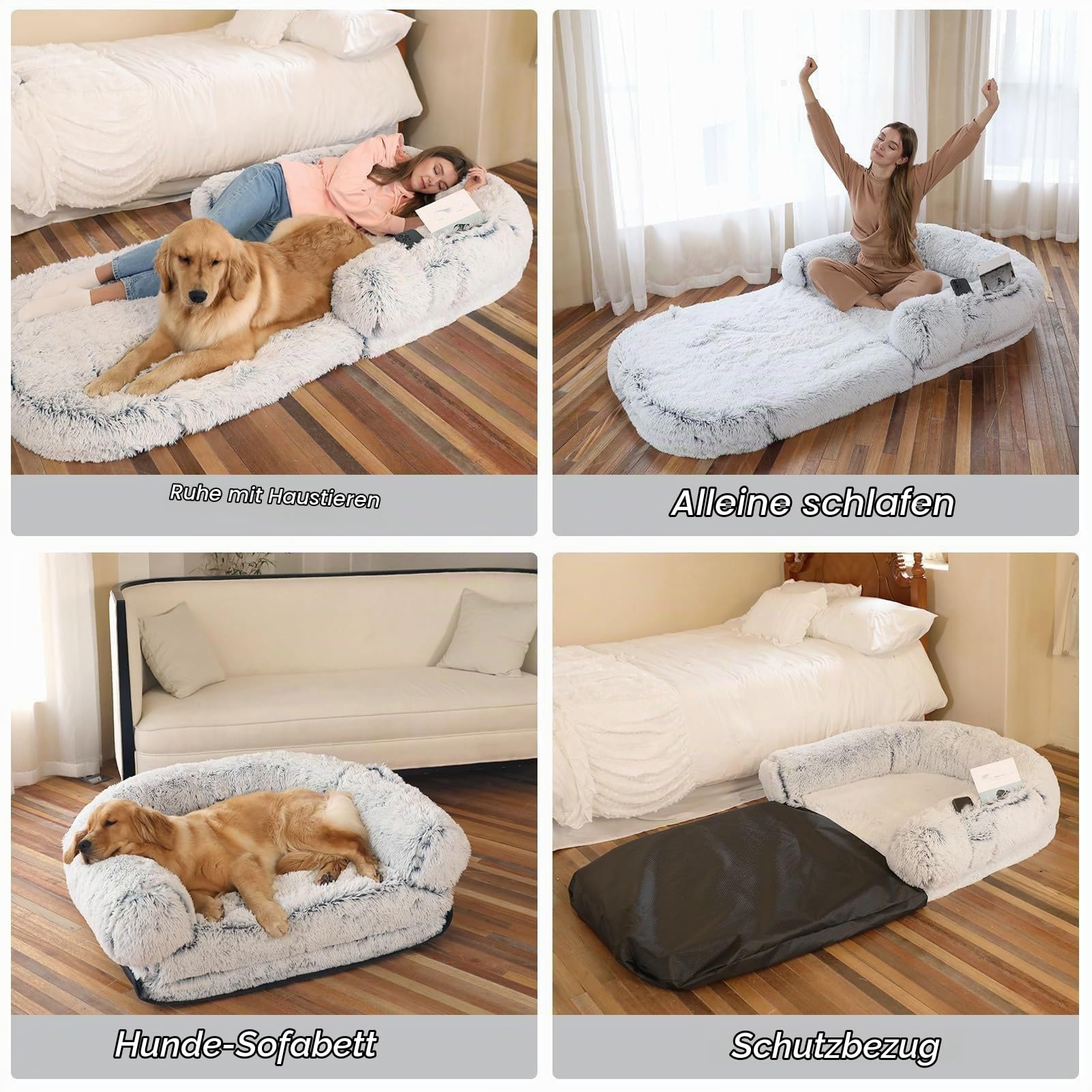 Faltbares Hundebett für menschliche Hunde, tragbar, 2-in-1, riesiges Bett für beruhigende Hunde in menschlicher Größe, 180 x 119,2 x 24,9 cm, Schlafsofa aus Kunstpelz in menschlicher Größe