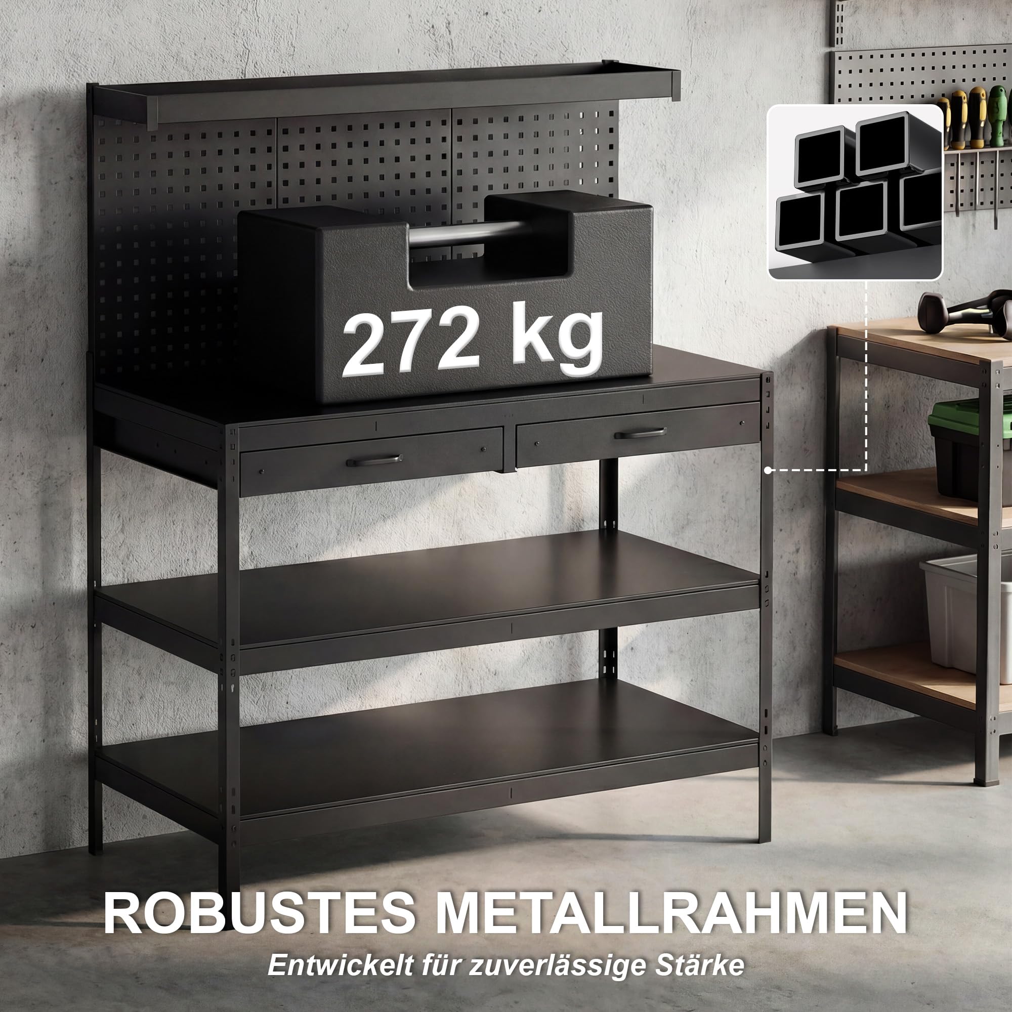 HOMCOM Banco de trabajo 1220 x 610 x 1560 mm con pared perforada, 2 cajones y 2 estantes ajustables, 272 kg capacidad