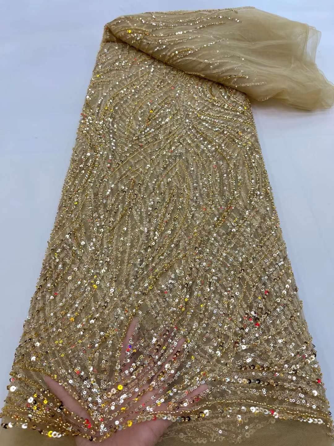 French Tulle mesh lace Fabric Embroidery with Sequins and Beads for Sewing Clothing 5 Yards (Beige)