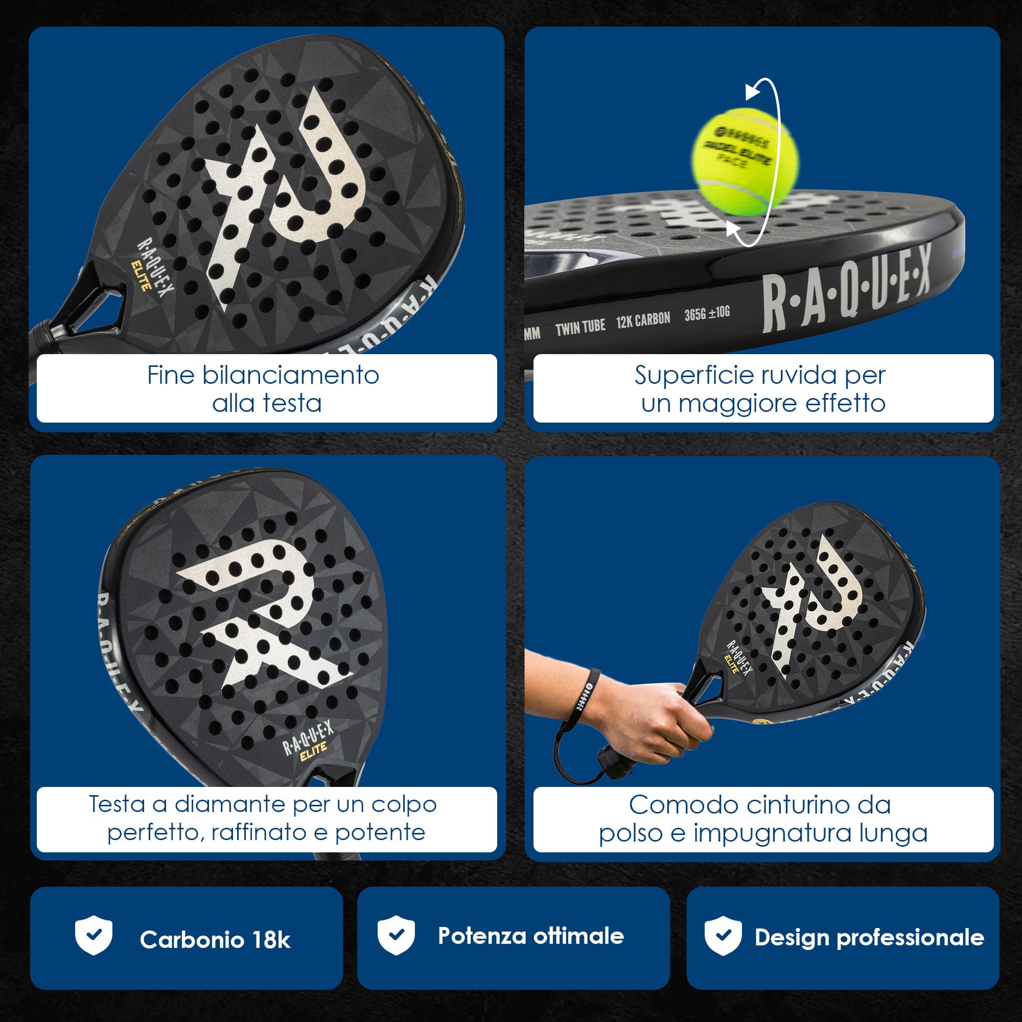 Racchetta da padel Raquex Elite - Racchetta avanzata - Telaio in carbonio 18K, nucleo reattivo in schiuma Eva 15 ImpactCore, forma a diamante, sistema twin tube per durabilità + cinturino da polso