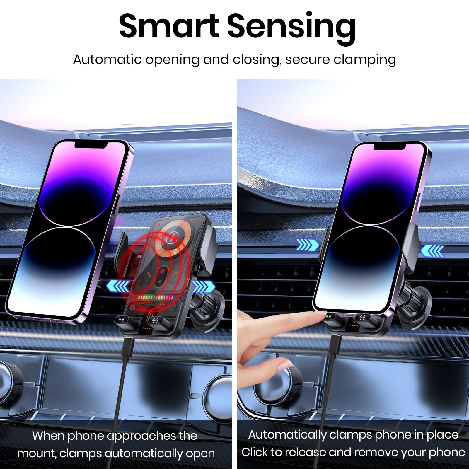 Supporto per telefono da auto con caricabatterie wireless da auto da 15 W, staffa di montaggio per bocchetta dell'aria con apertura e chiusura a induzione, supporto per telefono con regolazione della