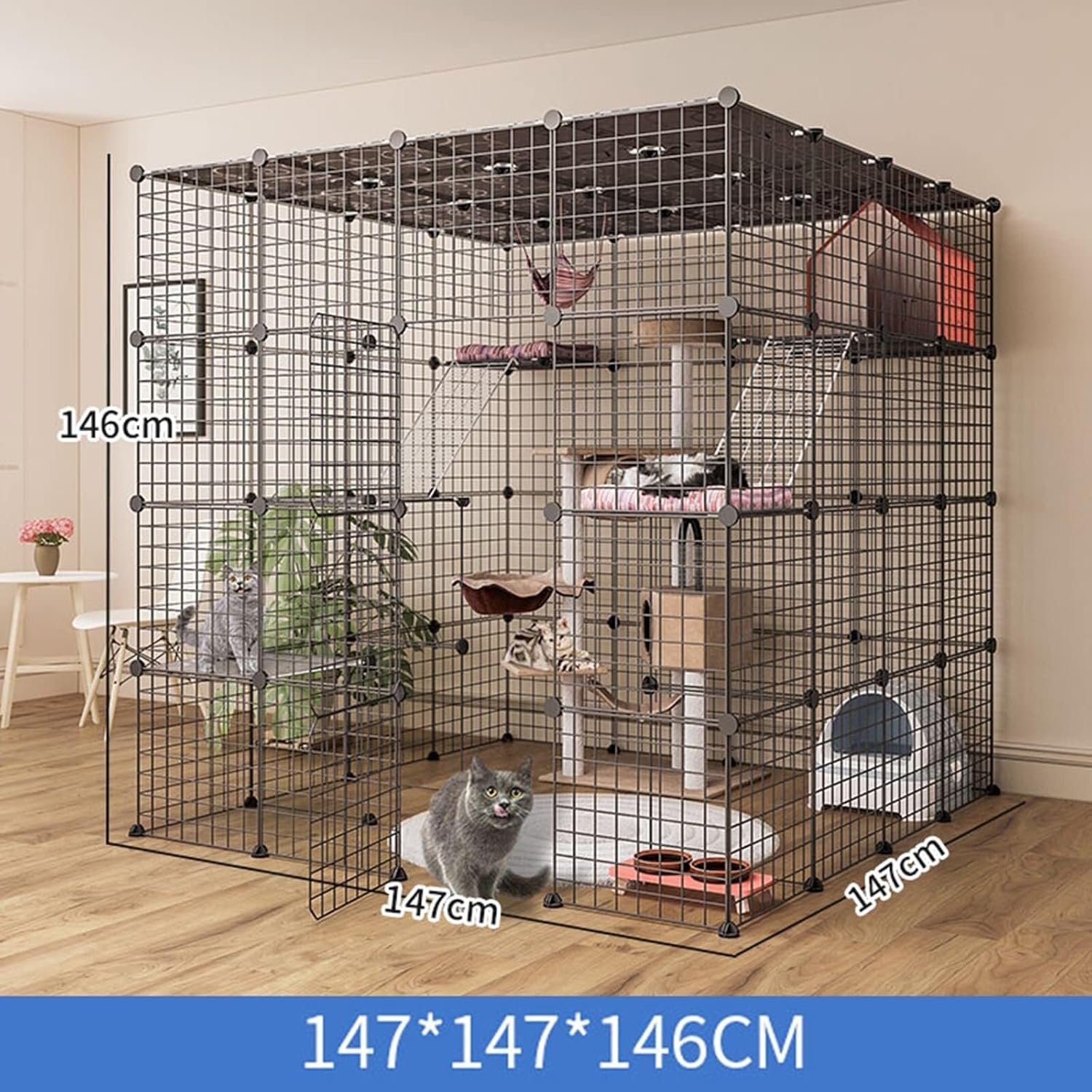 Large Indoor Cat Cage, Portable Wire Cat Crate, Collapsible Metal Pet Playpen for 1-4 Cats, Easy DIY Assembly(147 * 147 * 146cm)