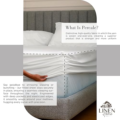 Miniatura 4 de Linen Home Juego de sábanas 100% de percal de algodón, fresco, ligero, sólido, tamaño individual, 3 piezas, 1 sábana encimera, 1 ajustable,