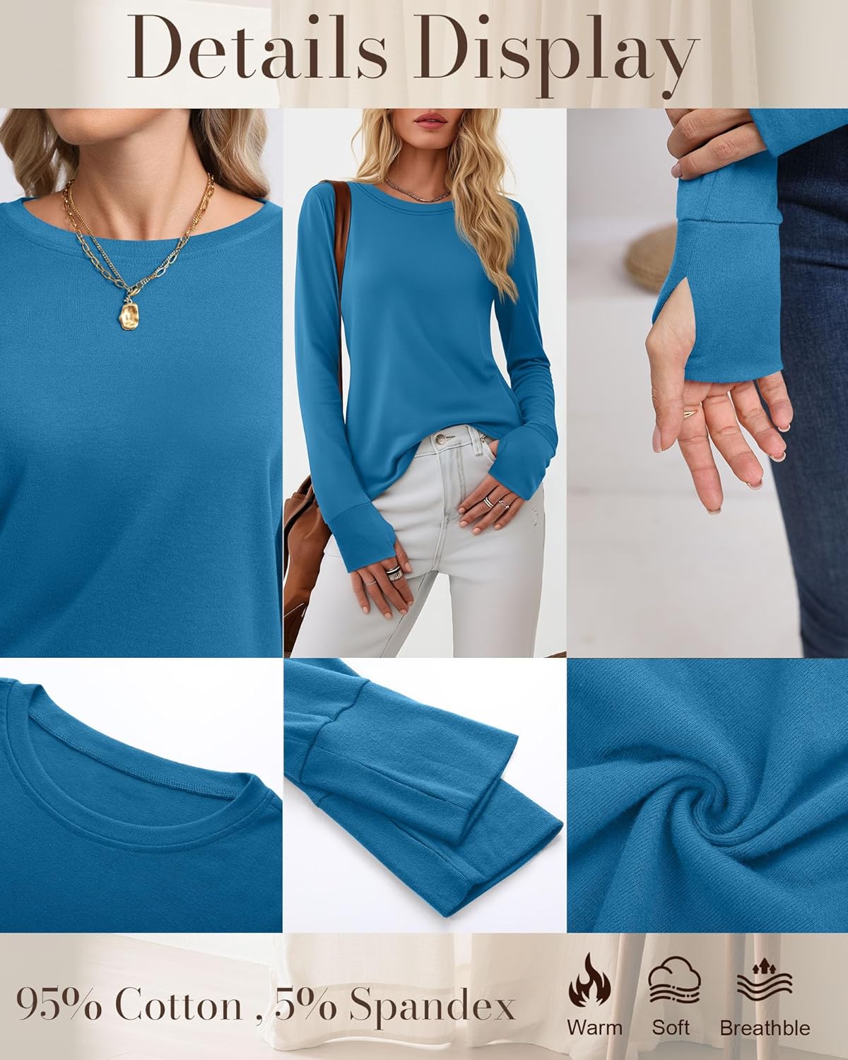 Huukeay 3 Pack Women's Long Sleeve Shirts with Thumb Holes, Cotton Casual Crew Neck Tunic Tops Fall Loose Y2k Trendy Outfits - Image 5