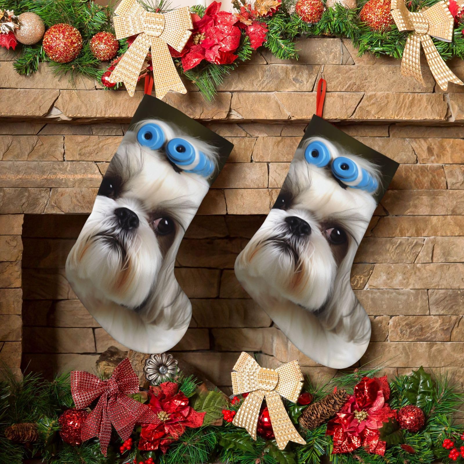 Shih Tzu Dog Christmas Stockings 18 Inches Velvet Xmas Fireplace Hanging Stocking Rustic Christmas Santa Stockings for Home Christmas Decorations Party Favor Supplies
