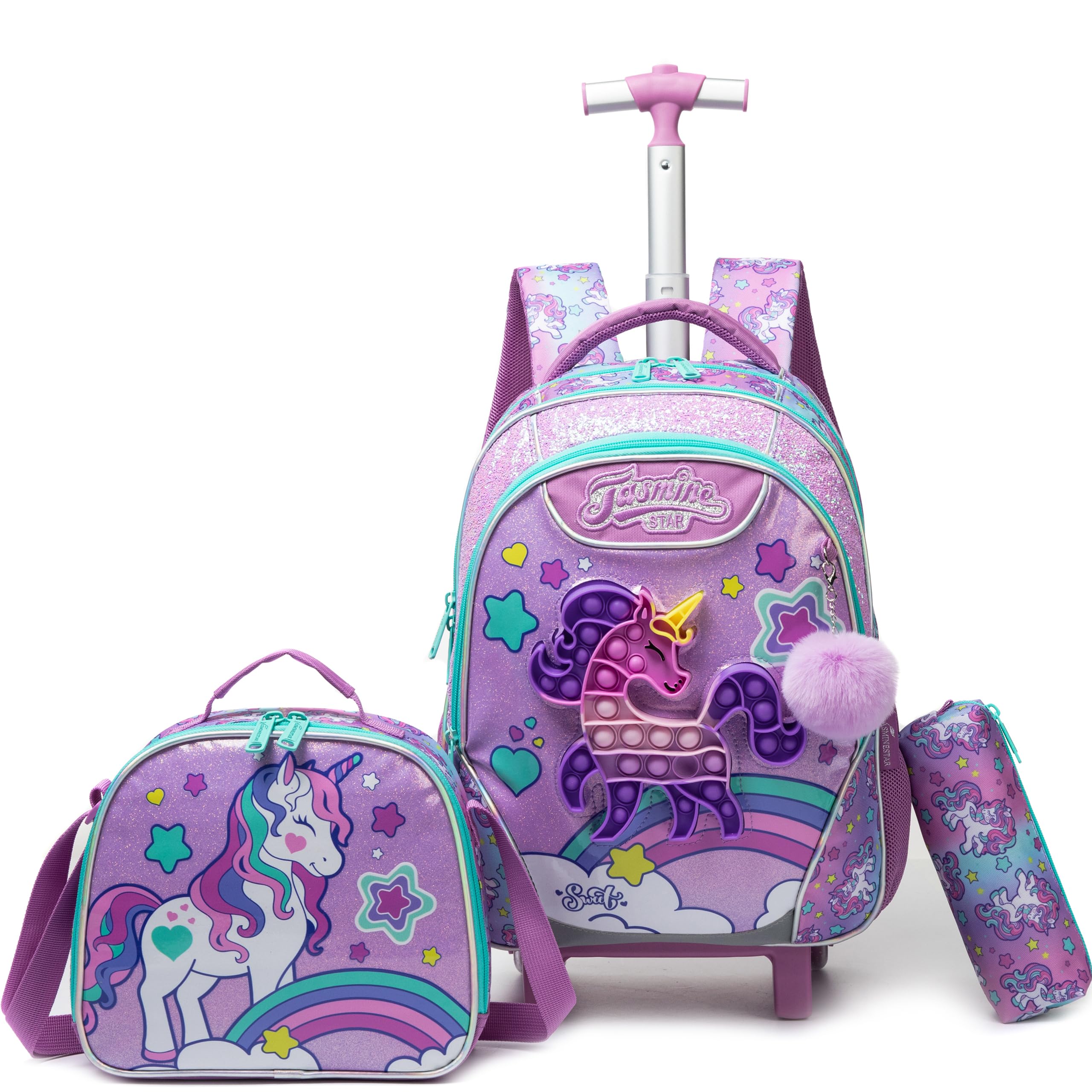 HTgroce Pop It Mochila Escolar con Ruedas Niña Fidget Toy Pop Its Mochilas con Carrito Escolares Bolso Popit Fidget Toy 3 in 1, Juguete Antiestrés y Ansiolítico Mochilas Escolares con Carro. — view 12