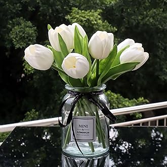 10pcs Fake Faux Tulips in Vase,Silk White Tulipanes Tulips Artificial Flowers Real Touch Arrangements with Vase for Desk Table Decoration Home Decor