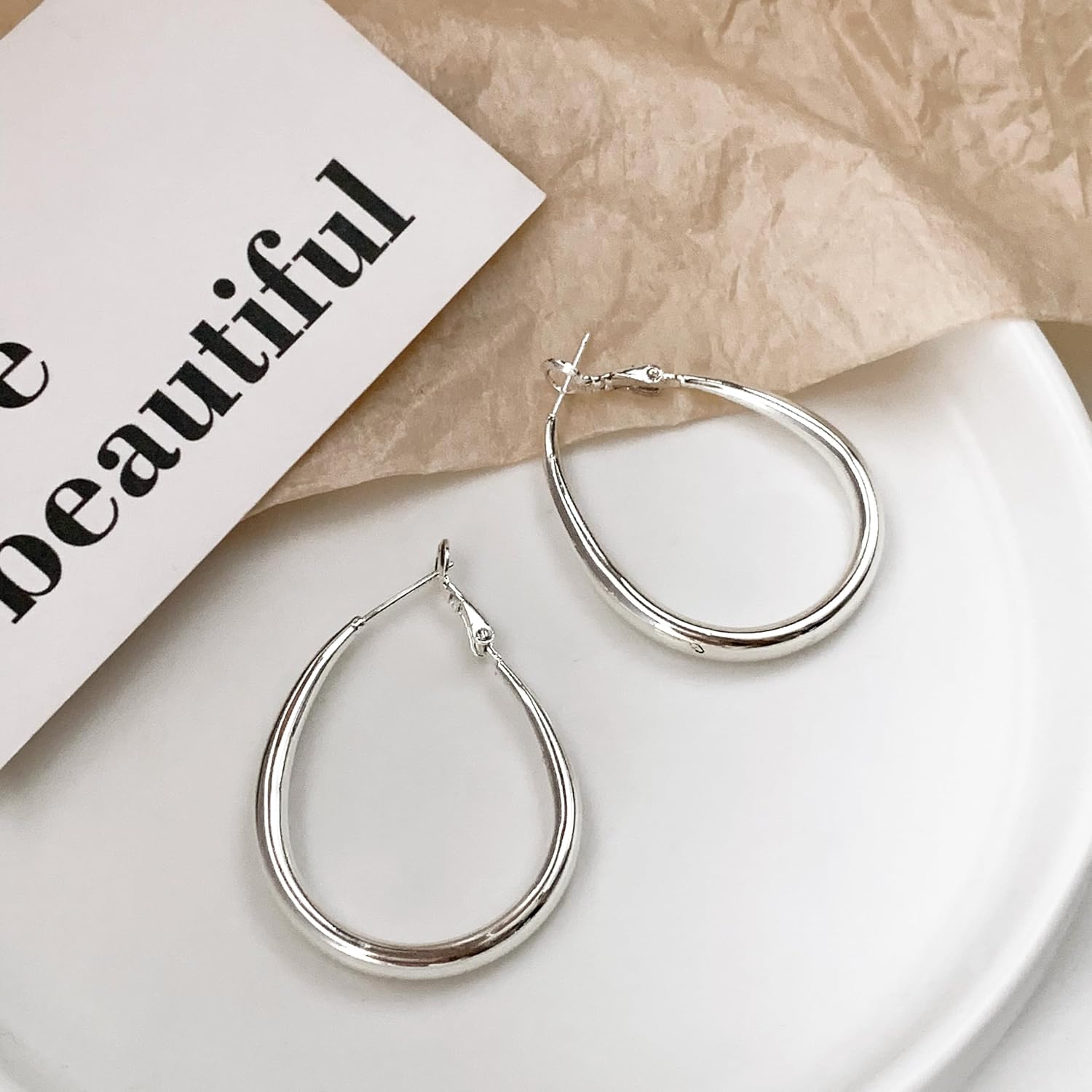 OGD Teardrop Hoop Earrings for Women 14K Gold Plated Large Chunky Oval Pull Through Hoop Earrings Statement Jewelry Gift for Women Hypoallergenic