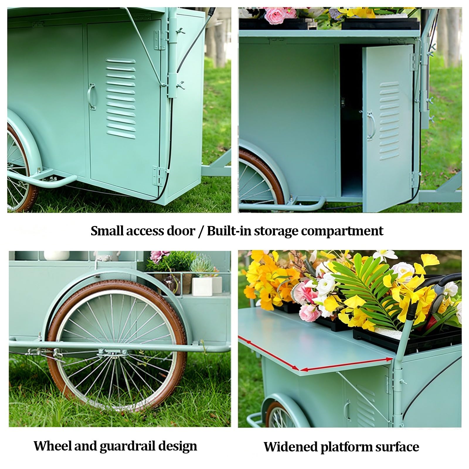 Carretto per venditori ambulanti, espositore per fiori da esterno con ombrellone, carrello mobile professionale su bicicletta, bicicletta per la vendita di fiori per mercati(White,WU)