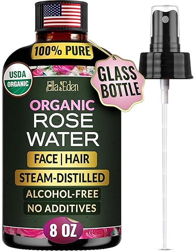 Ella & Eden Spray de agua de rosas 100% pura orgánica para cara, para el cabello, 8 onzas, sin alcohol, sin aditivos, orgánico USDA, destilado al