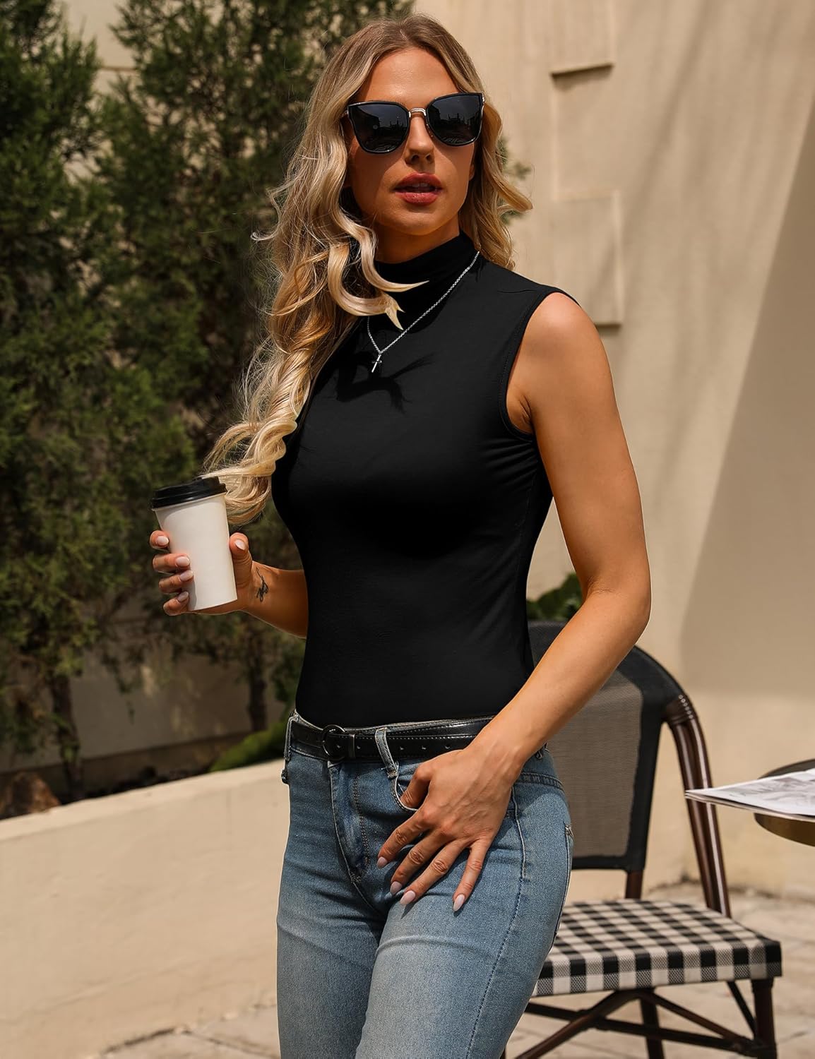 URRU Women's Sleeveless Slim Fit Turtleneck Mock Soft T-Shirt Tank Tops Basic Stretchy Pullover S-XXL - Image 4