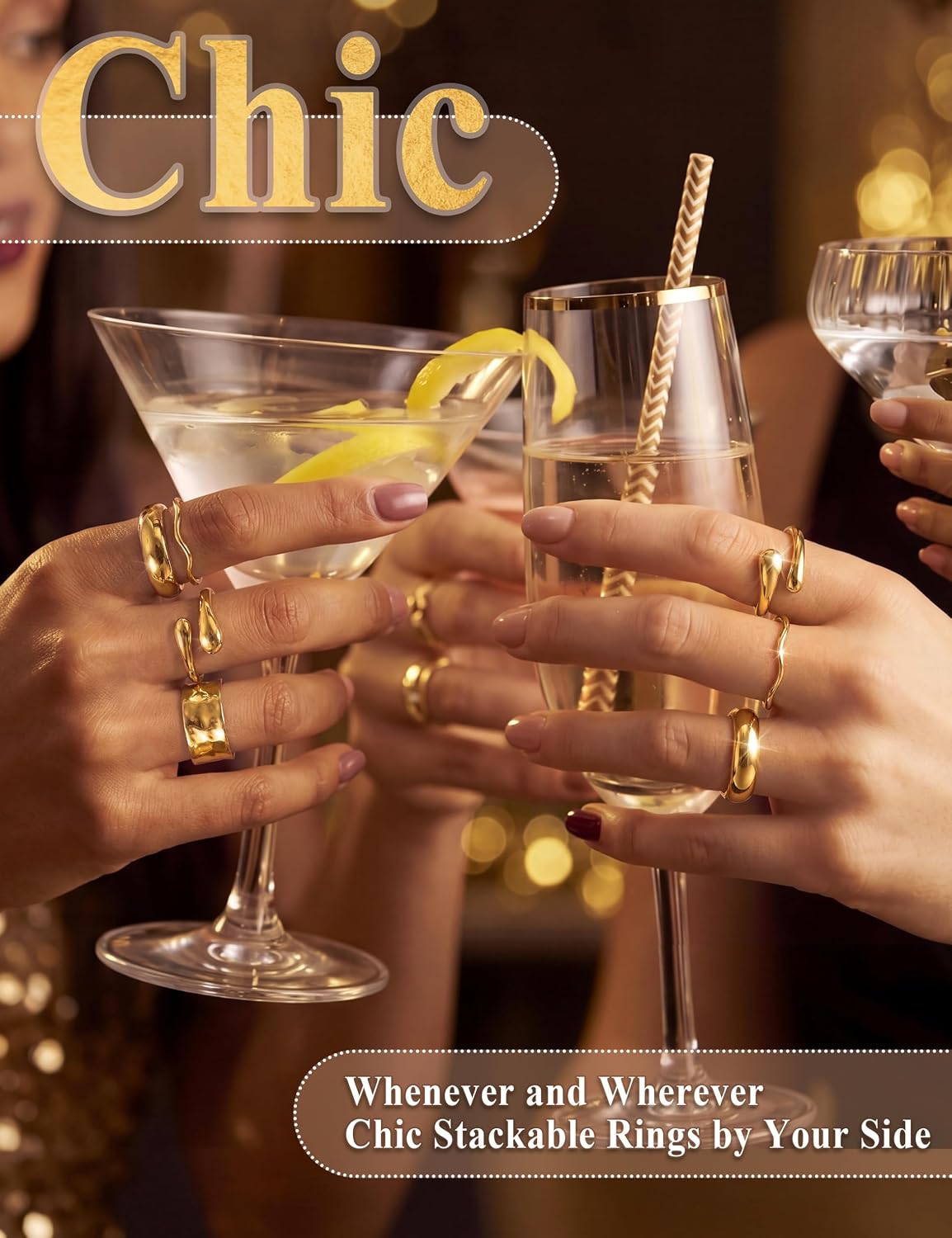 Sllaiss 14K Gold Plated Rings for Women Non Tarnish Chunky Stack Ring Set