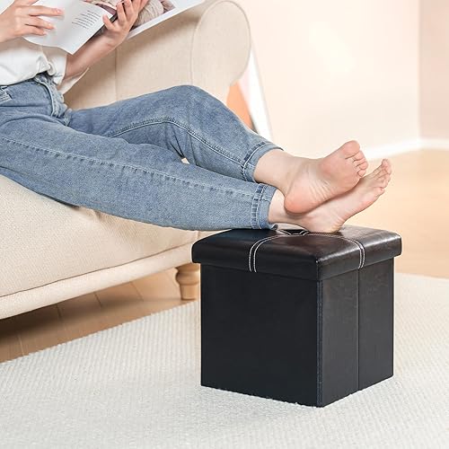 Miniatura 20 de B FSOBEIIALEO Cubo otomano plegable de almacenamiento, reposapiés de piel sintética, mesa de café, 11.8 x 11.8 x 11.8 pulgadas Marrón,Negro