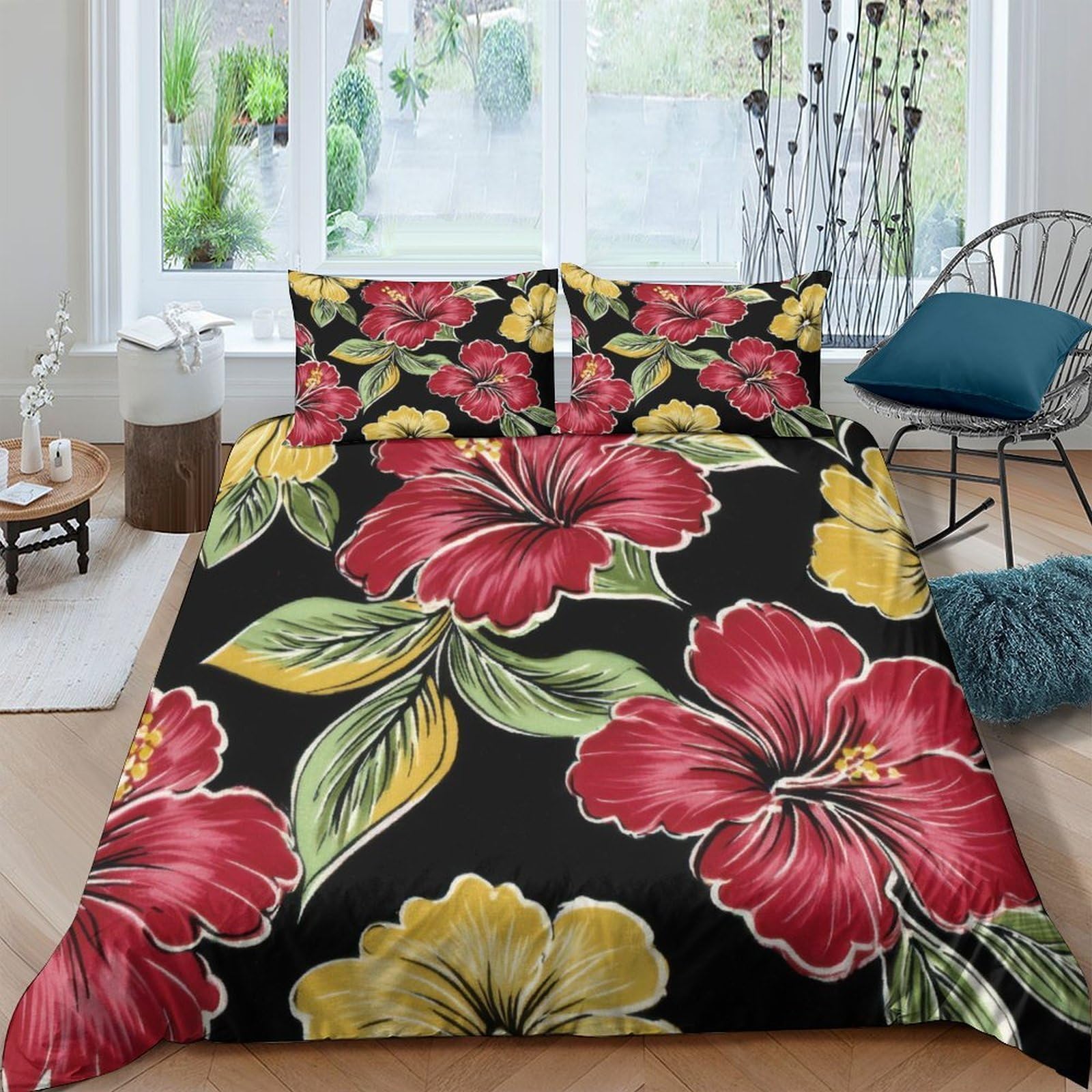 Ctjqhvkz Style-2 3D Printed Tropical Hibiscus Fitted Sheet Microfiber Soft Yellow Red Flower Bed Cover For Bedroom Dorm Mattress Protection Decor Single（135X200cm）