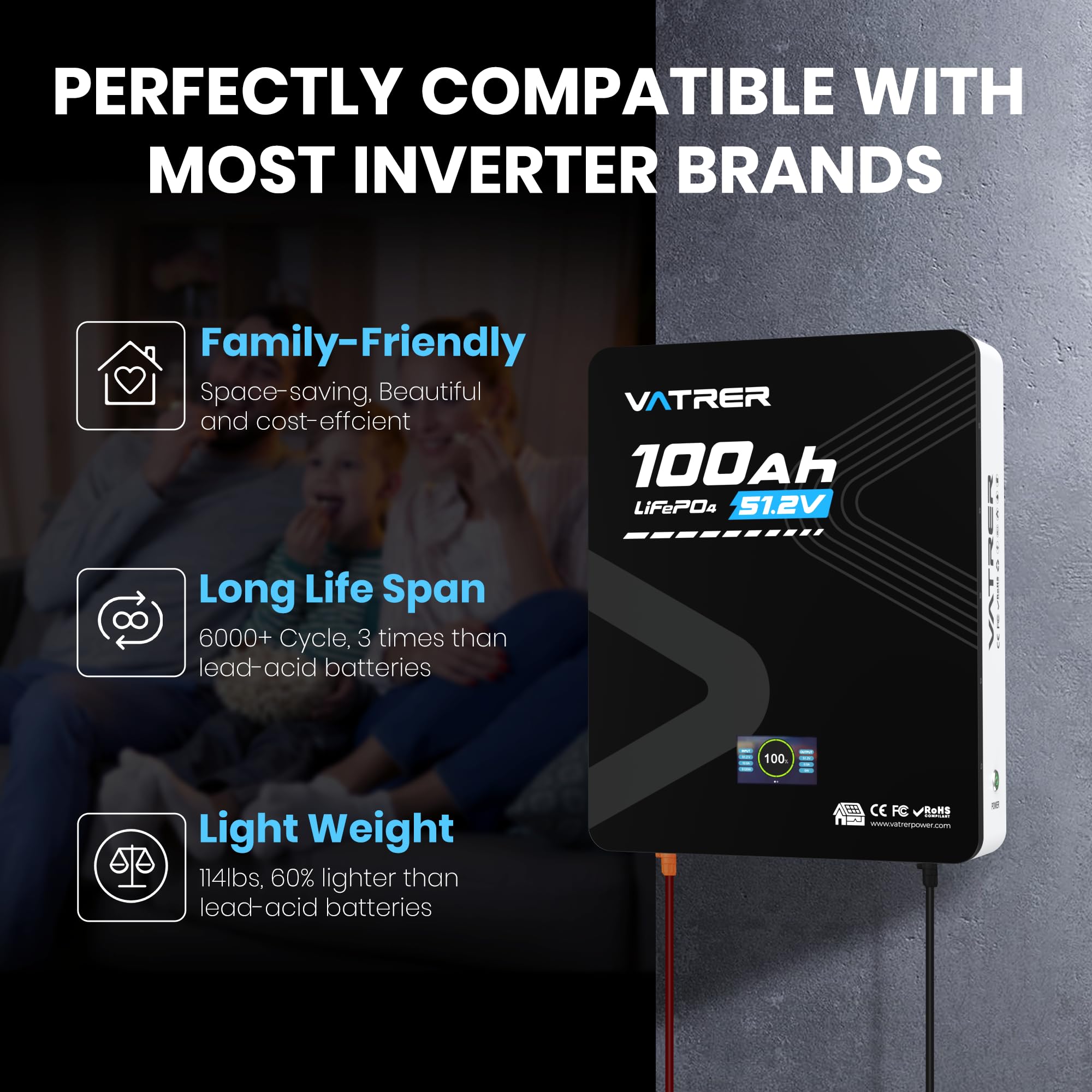 48V 100AH LiFePO4 Battery 5 12kWh Grade A Cells Wall Mounted Lithium Battery with 100A BMS LED Monitor — view 6