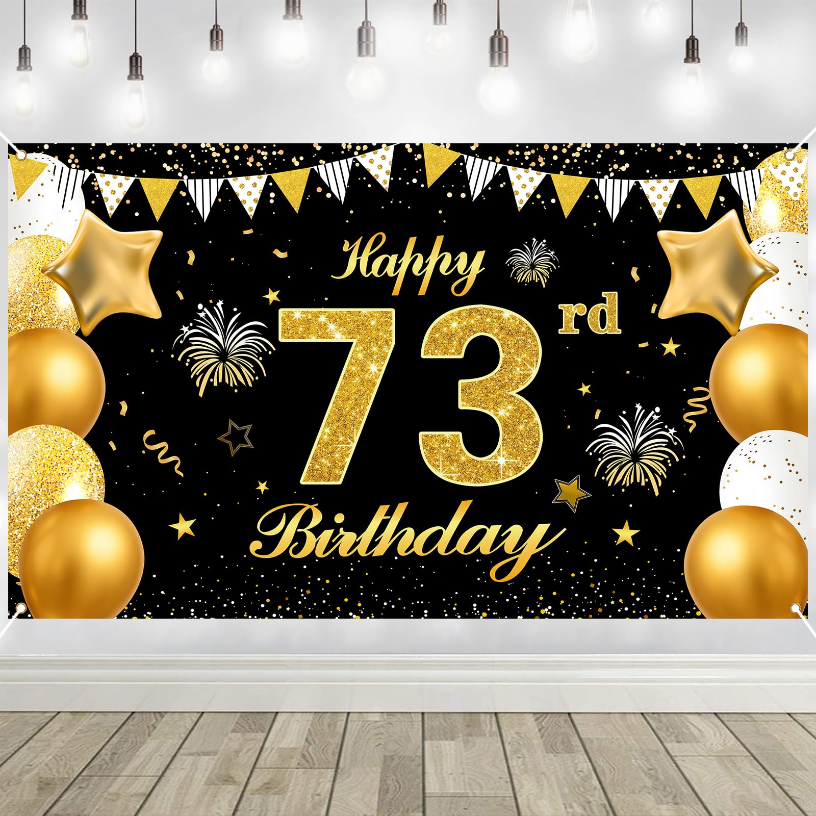 73rd Birthday Decorations Banner Gold Black Happy Birthday Door Banner for Party Photo Backdrop for Men Women Home Outdoor Cover Party Decoration Supplies Poster
