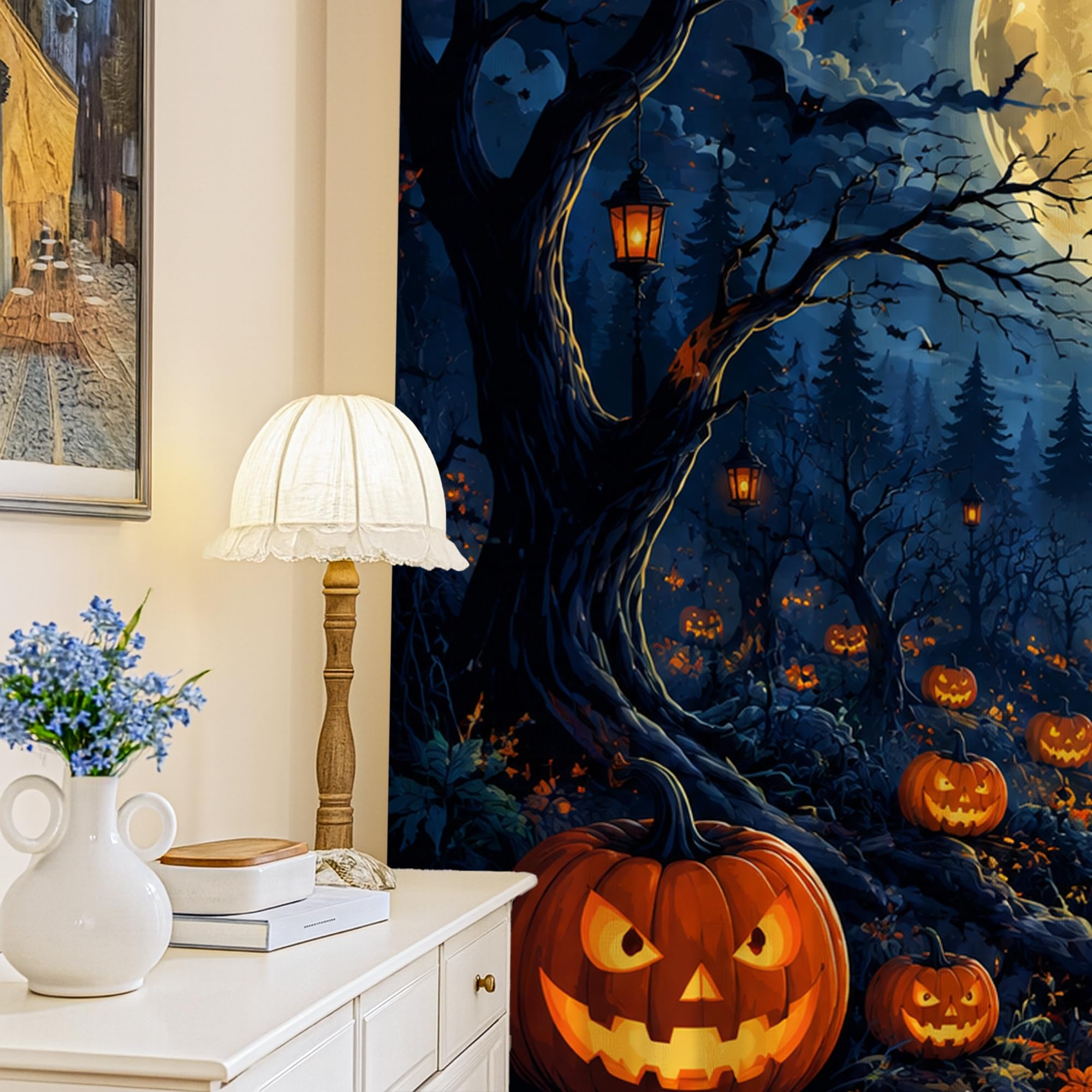 Rideaux occultants Halloween orange 132x213 cm à motif citrouille et chauve-souris