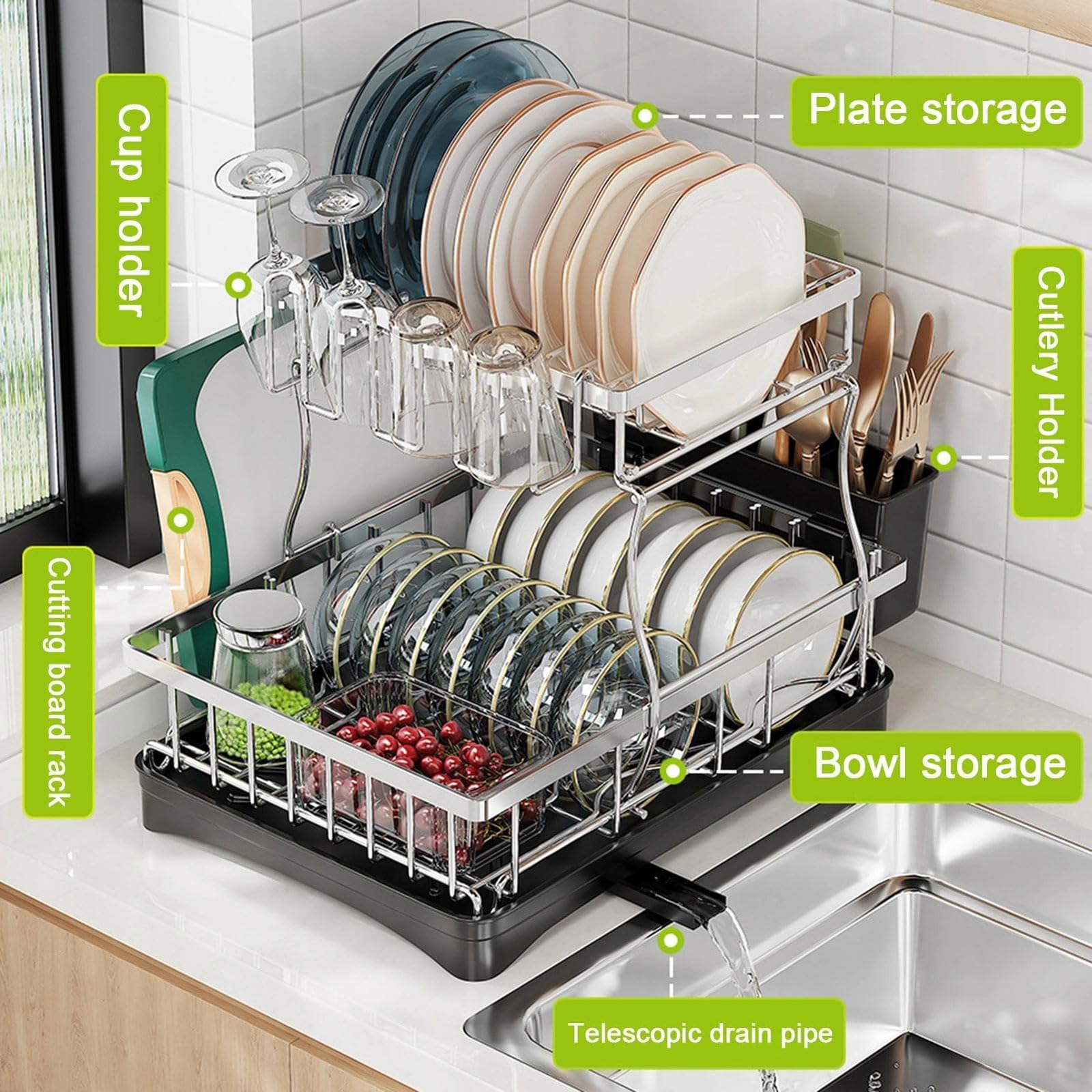 2-stufiges Abtropfgestell Platzsparender Edelstahl-Abtropfgestell mit Getränkehalter,Schneidebretthalter und Besteckhalter 360°Drehbarem Auslauf Spülbecken Organizer für Küchenarbeitsplatte