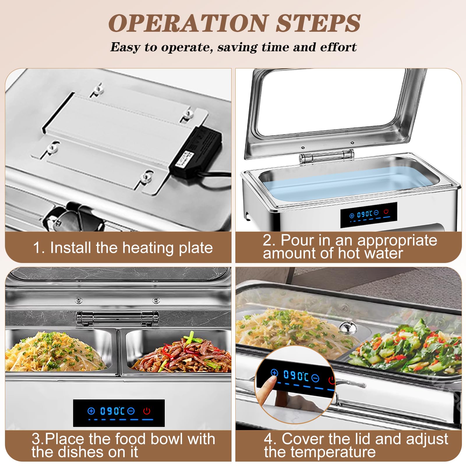 Chafing Dish Electrico 9L, Profesional Calentador de Buffet Electrico Acero Inoxidable, Calentador de Comida Buffet Electrico con Control Inteligente para Buffet, Catering y Fiestas (1/1)