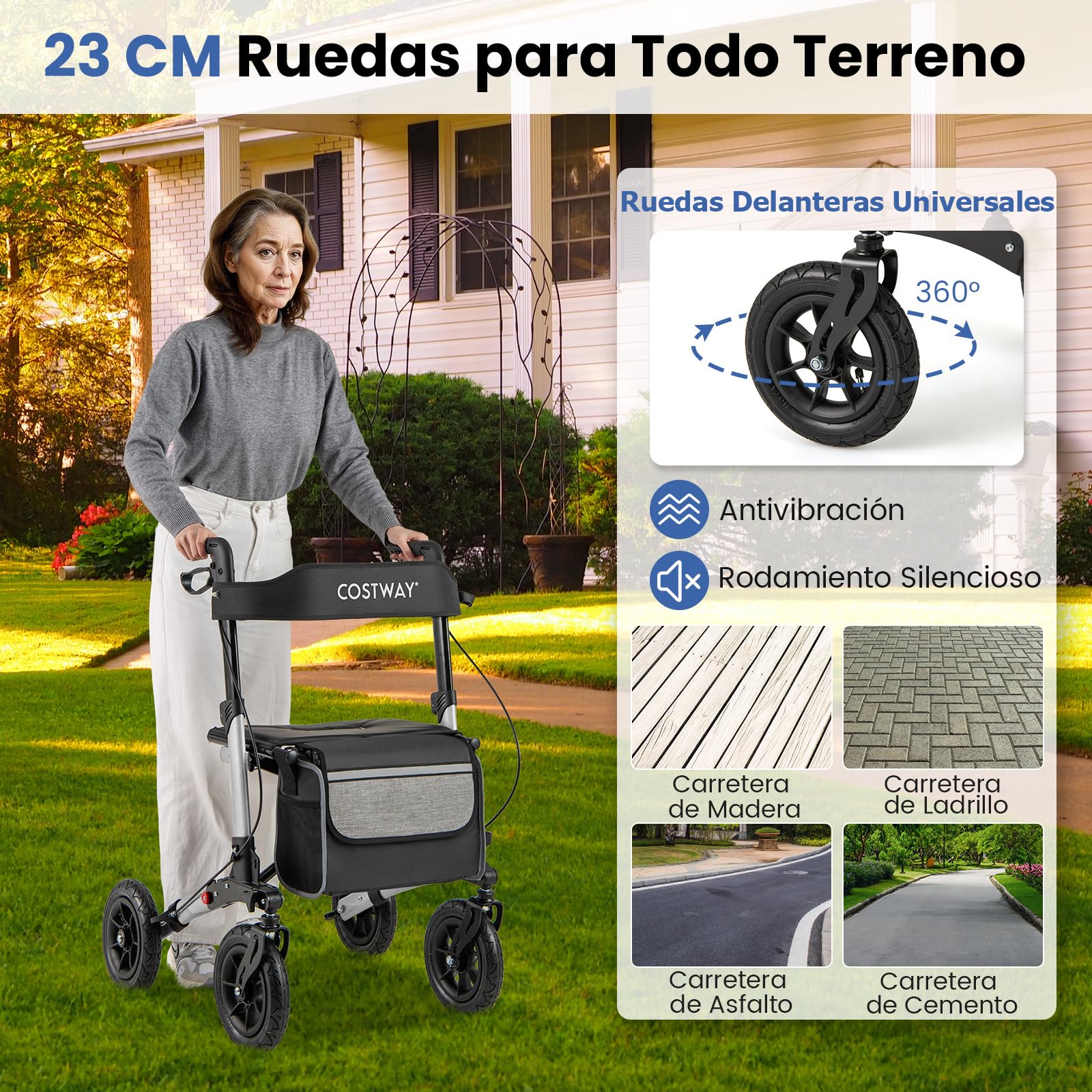 COSTWAY Andador para Ancianos con Asiento, Taca Taca Adultos Plegable, Altura Ajustable 81,5 a 97 cm, 4 Ruedas de Neumáticos, Caminadores para Mayores, Estructura de Aluminio Ligera (plata)