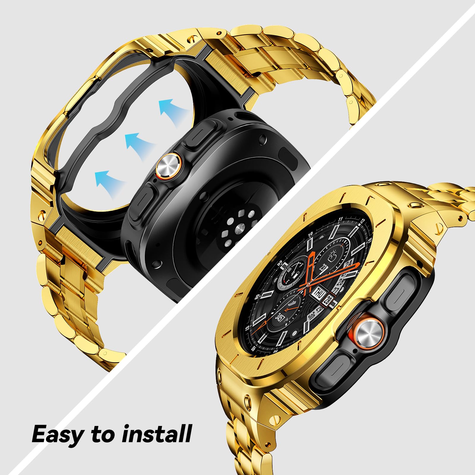 Paski ze stali nierdzewnej z obudową, kompatybilne z Samsung Galaxy Watch Ultra 47 mm, wytrzymałe etui ochronne i metalowy pasek do zegarka Samsung Galaxy Watch 7 Ultra, dla mężczyzn