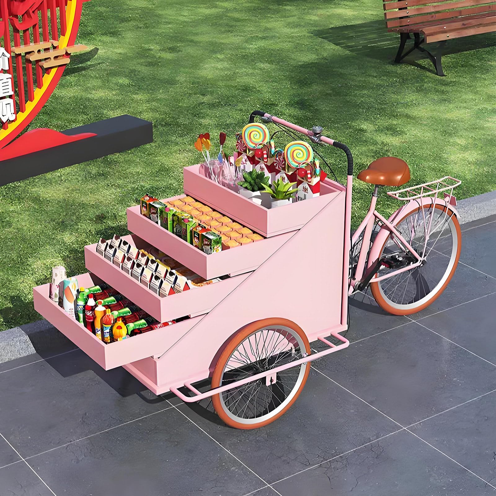 Mobile Food Tricycle Vending Cart with 4-Layer Display Rack - Snack Vending Kiosk for Outdoor Use, 3-Wheel Cargo Bike for Easy Transport