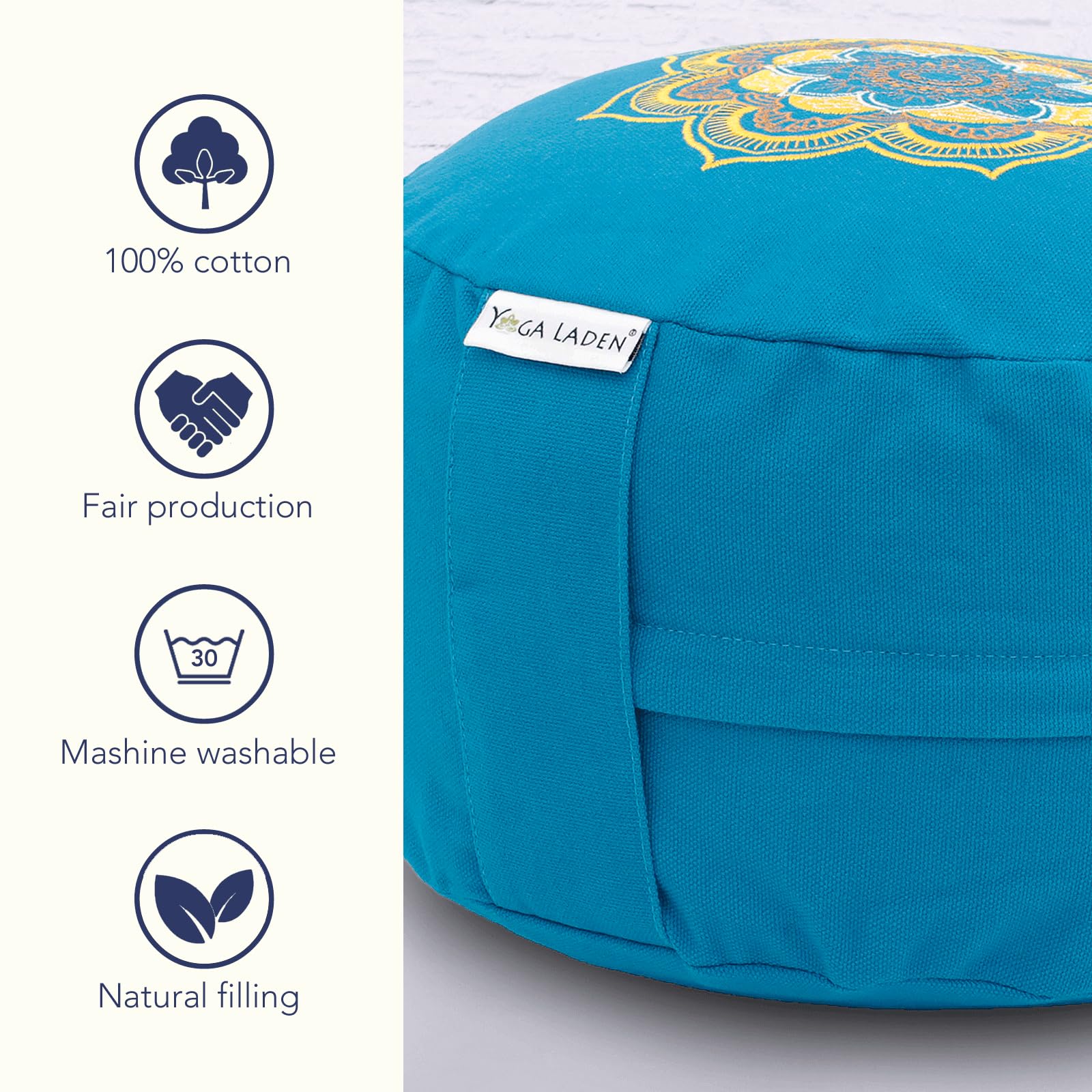 Cuscino da meditazione, rotondo, classico mandala oro, altezza 15 cm, con rivestimento lavabile in 100% cotone, comodo cuscino da yoga con ciotole di grano saraceno Fullung