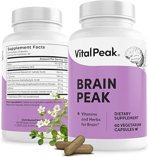 Brain Peak - Suplementos cerebrales para la memoria y la concentración - Apoya la salud cerebral - con niacina, GABA, Alpha GPC, L-tirosina, Bacopa