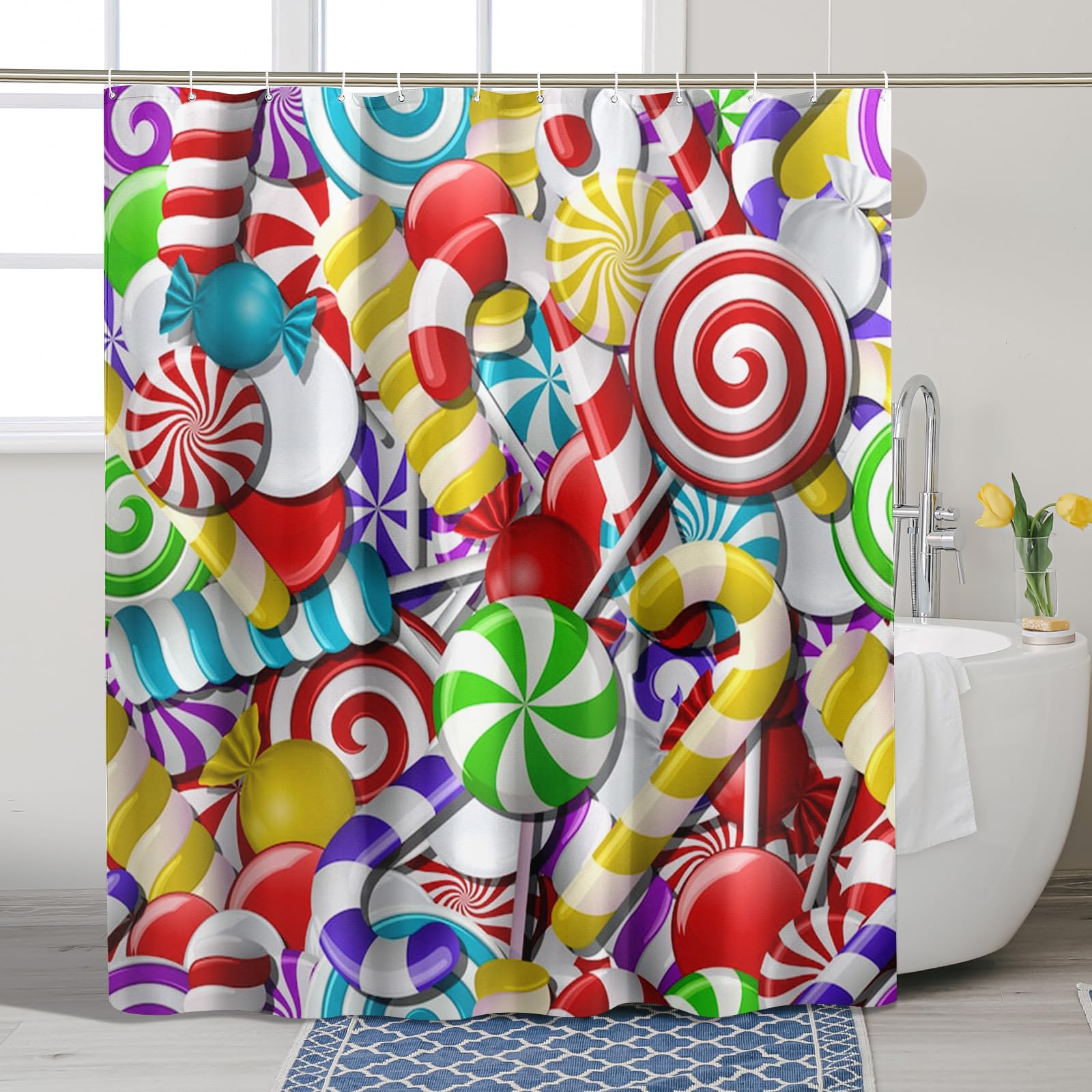 Candy Colorful Shower Curtain, Bright Lollipop Shower Curtain for Bathroom Decoration, Fun Modern Waterproof Fabric Shower Curtain Set with Hooks 72x72 Inch