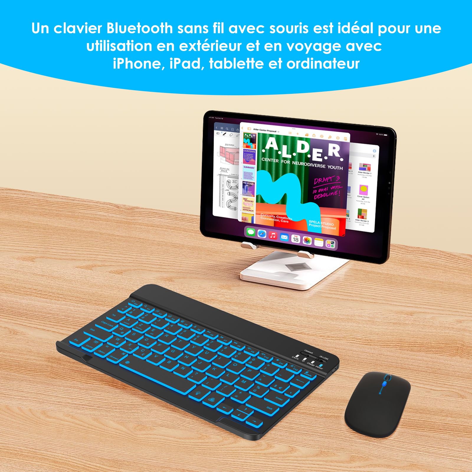 LAMA Clavier et Souris sans Fil rétroéclairés 7 Couleurs, Clavier Universel Ultra Fin Rechargeable, Clavier Bluetooth Portable pour iPad/Tablette/iOS/Android/Windows/téléphone, Rétroéclairage Noir
