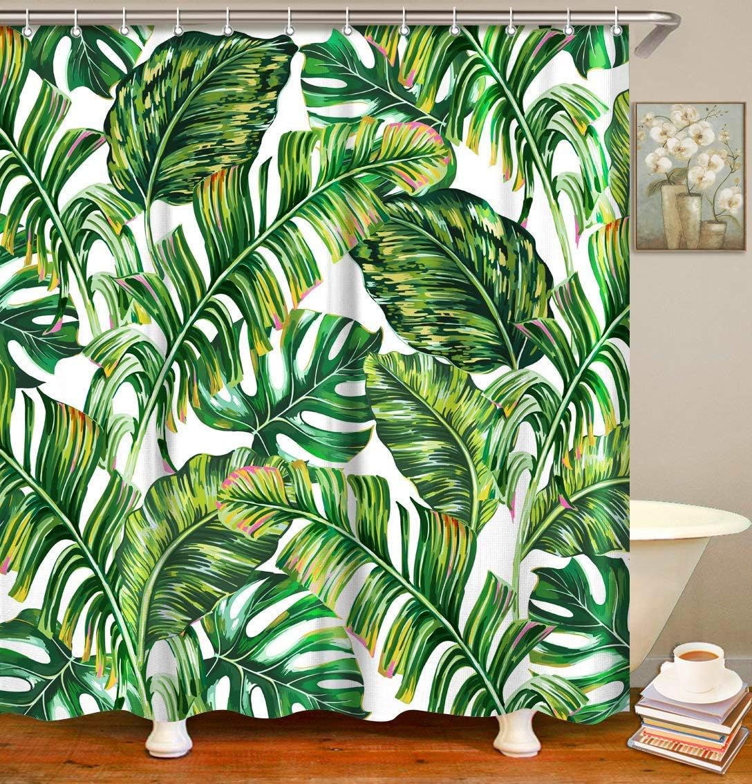 LIVILAN Green Leaves Shower Curtain Set with Hooks, Green Fabric Bathroom Curtain with White Backdrop, Artistic Botany 72" X 72" (Tropical Palm)