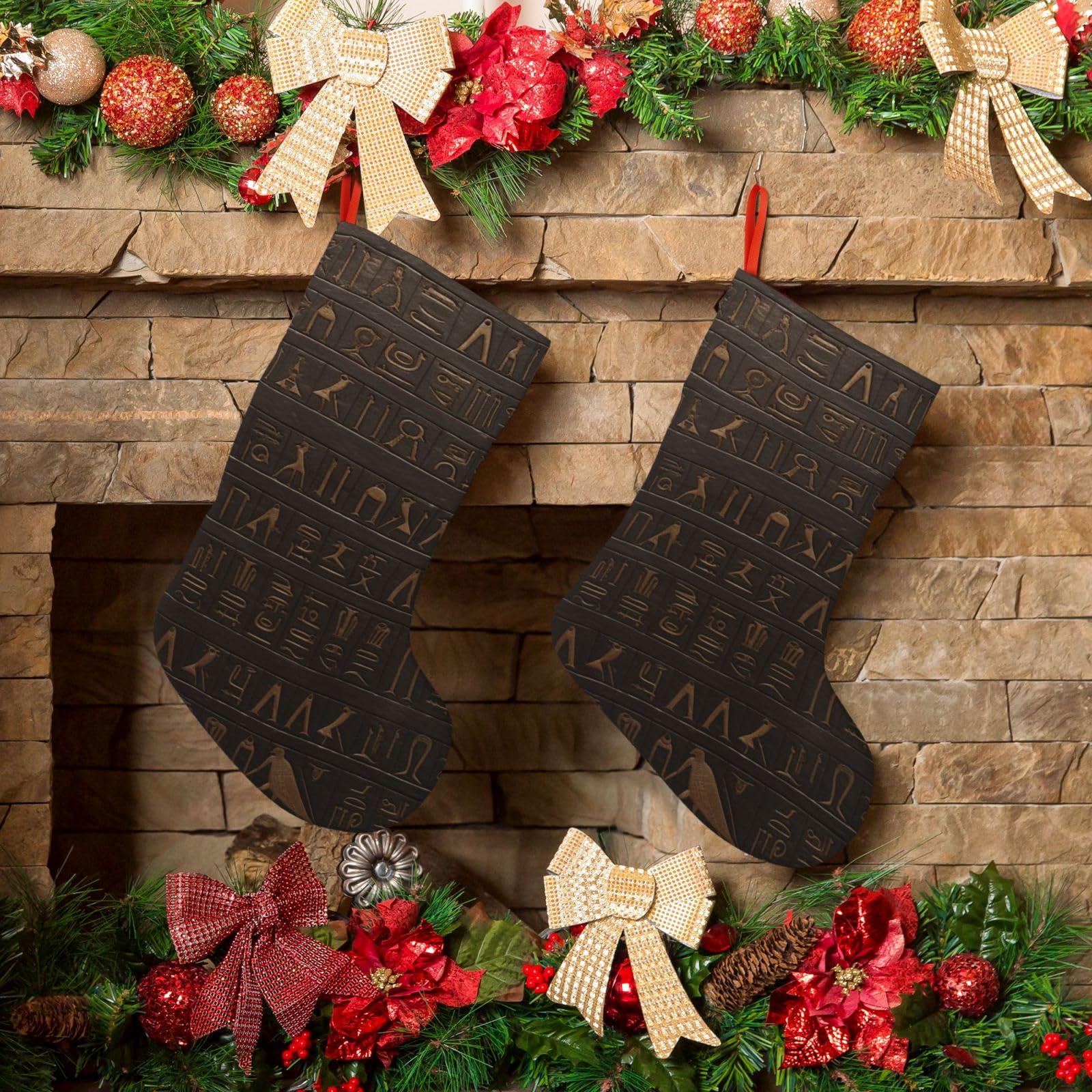 KLOPH Christmas Stockings 18" Personalized Xmas Stocking Ancient Egyptian Hieroglyph Decoration Stocking Hanging Fireplace Stocking for Holiday Xmas Tree Christmas Fireplace Decor