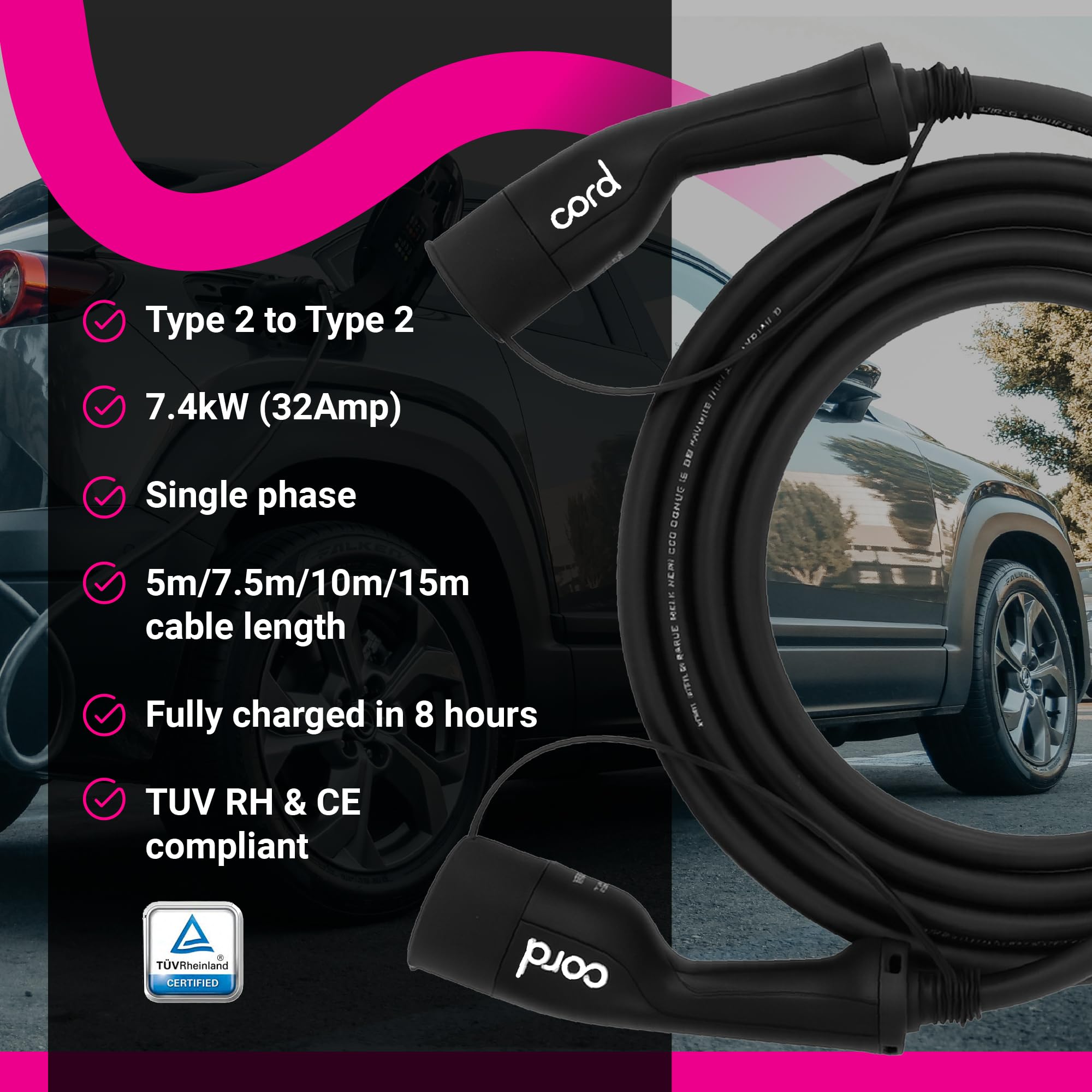 Cord Type 2 to Type 2 EV Charging Cable, 32amp, 7.4kW, 7.5 Metre, Single Phase, Black & White — view 3