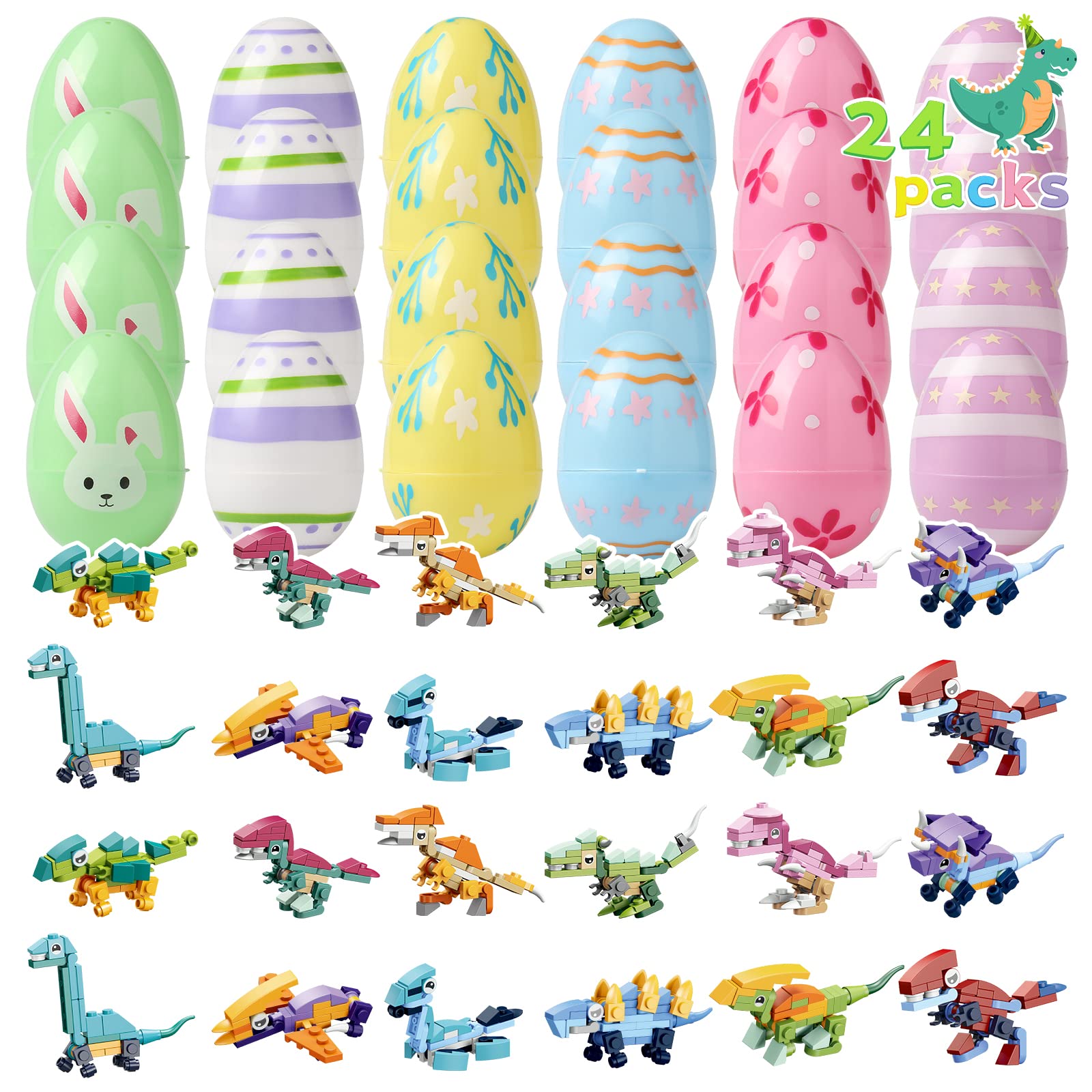 HEMEIYU 24 Packs Prefilled Easter Egg Fillers with Dinosaur Building Blocks, Easter Basket Stuffers,Easter Toys Easter Gift for Kids Boys Girls Toddlers Teens