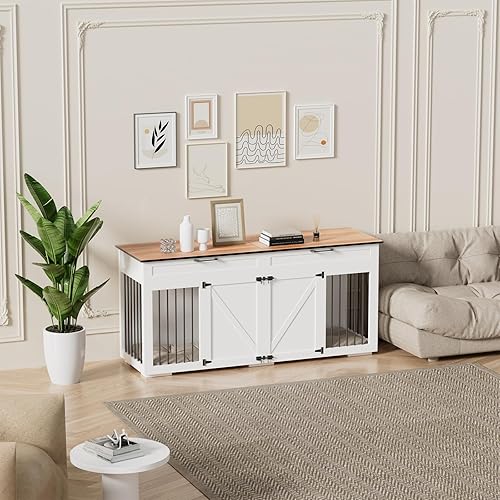 Miniatura 8 de Mueble de jaula doble para perros con puertas y divisor de habitación, muebles resistentes para perreras grandes para perros medianos y grandes,