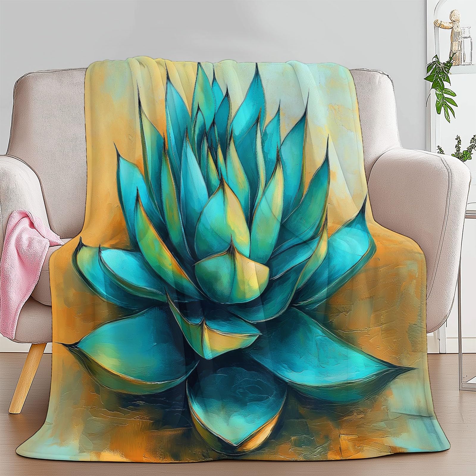 Genérico Manta Franela para Cama Turquesa, Ultra Suave Mantas Estampado Abstracto Planta Cactus De Agave para Sofa 220 x 240 cm - Cálida y Acogedora para Cama Sofá Oficina Coche Viajes Camping
