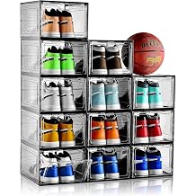 INSTY 12 Pack Gray Transparent Shoe Storage Organizer, Stackable Shoe Boxes for Closet, Drop Front Plastic Shoe Box with Grey Door, Easy to Assemble, Fit up US Size 1213.4x 9.8x 7.1